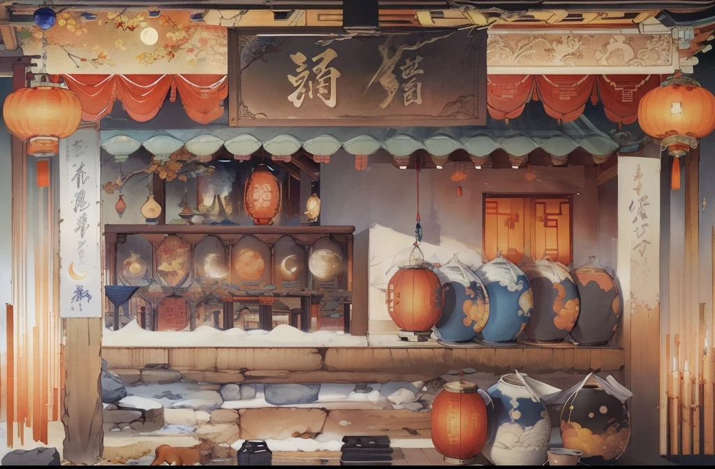 Ancient Chinese landscapes，Ancient buildings，Pavilions，Carved beams and paintings，enchanting scenery，Night，Moon light，Layered, Rich light and shadow,Mid-Autumn Festival, Ink painting style，clean color，Low-saturation colors，Colors of low brightness，Decisive cut，Leave white space，impressionistic，tmasterpiece，ultra - detailed，Epic composition,  HighestQuali，hyper realisitc，Art germ --v 6