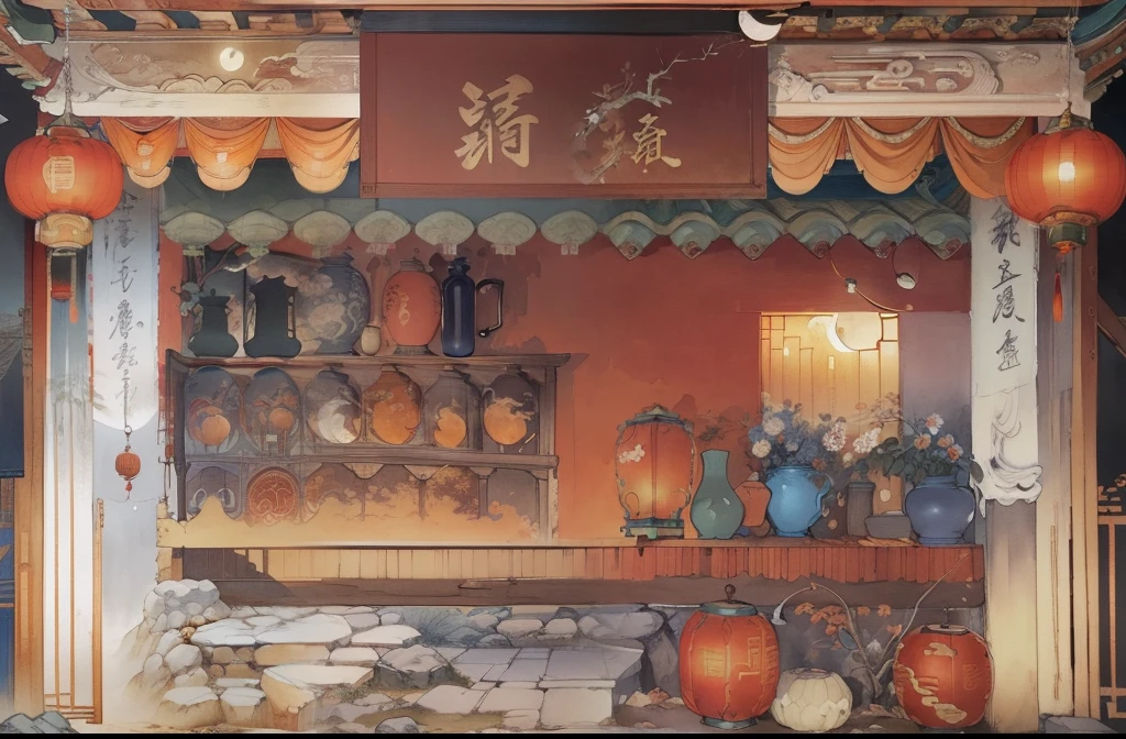 Ancient Chinese landscapes,Ancient buildings,Pavilions,Carved beams and paintings,enchanting scenery,Night,Moon light,Layered, Rich light and shadow,Mid-Autumn Festival, Ink painting style,clean color,Low-saturation colors,Colors of low brightness,Decisive cut,Leave white space,impressionistic,tmasterpiece,ultra - detailed,Epic composition, HighestQuali,hyper realisitc,Art germ --v 6