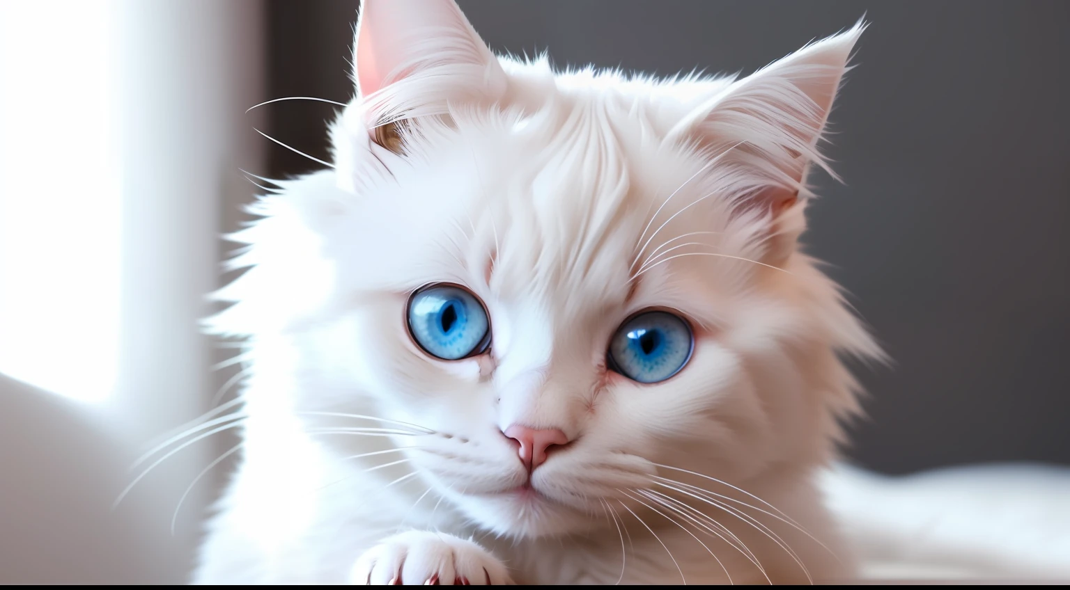 (a cute little cat,Delicate white hair,Hang a bell around your neck,Gray-blue eyes,finely quality eyes,White curtain background,Early morning sun,Close-up,depth of fields)