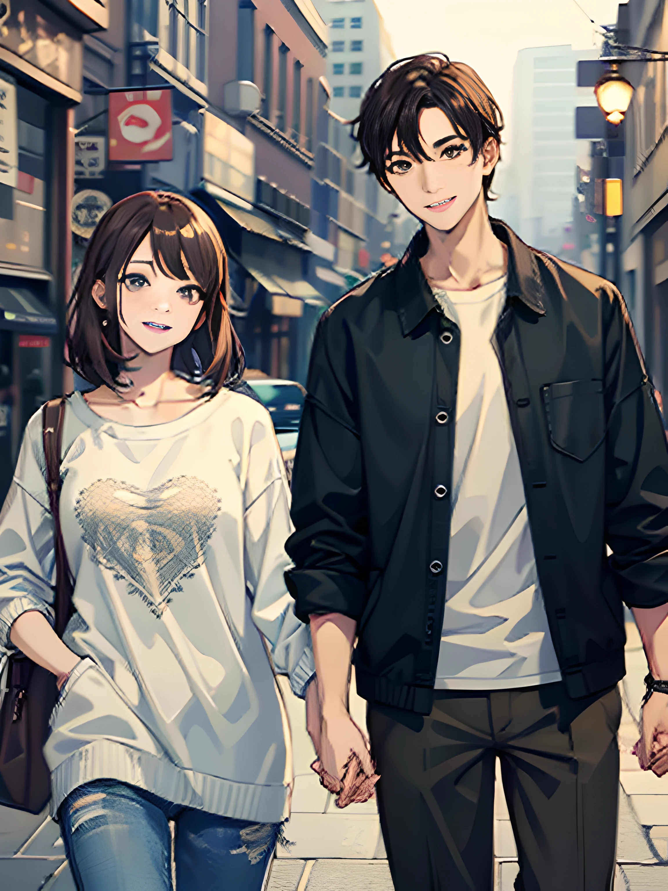 masterpiece, best quality, 2others, couple, 1man with 1woman, mature, adult, Height difference, different fashion, different color, finely detailed eyes and detailed face, intricate details, casual clothes, oversized shirt, modern urban street, holding hands, smile, happy, love