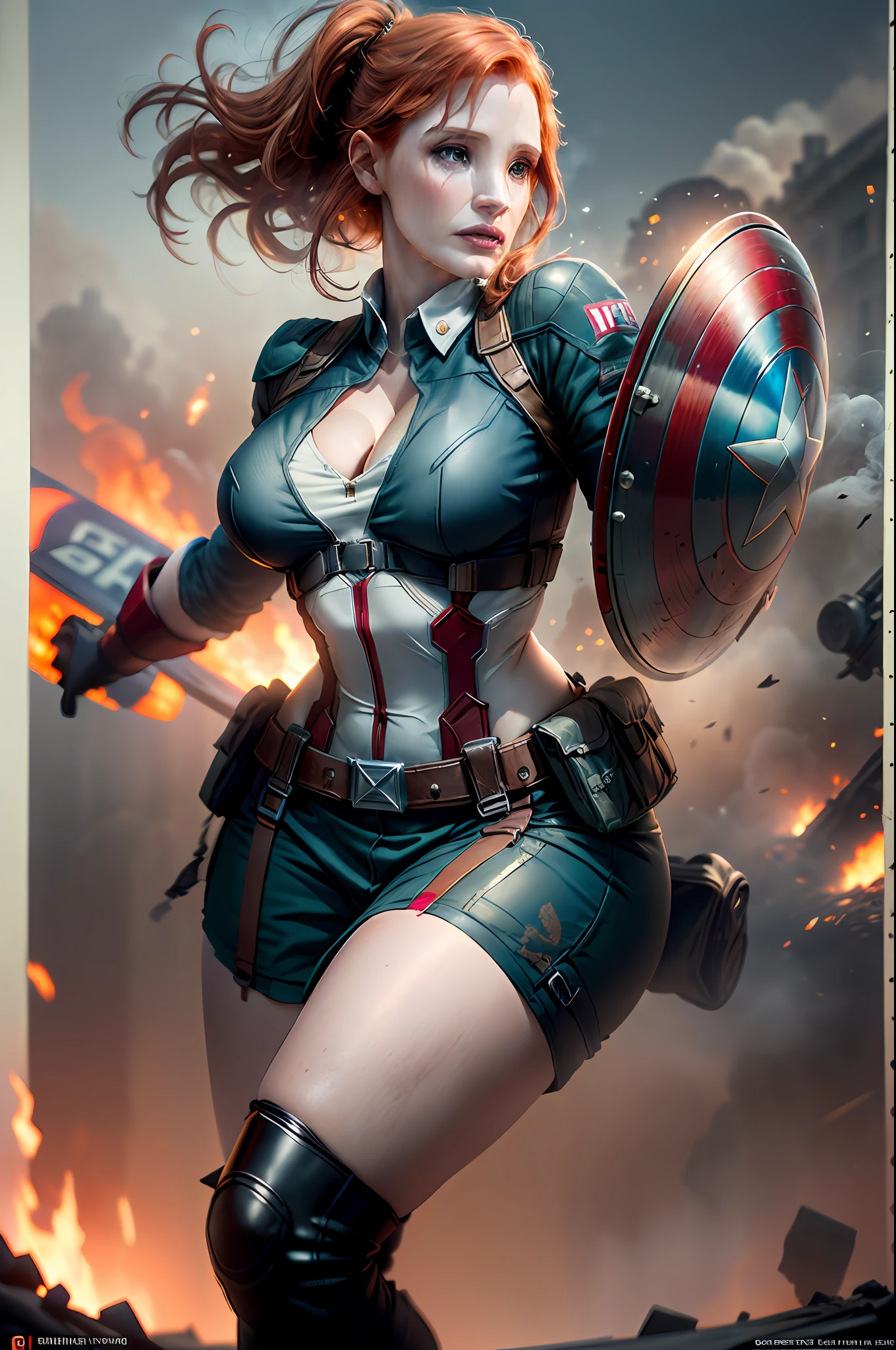 Prompt: (CGI image of Jessica Chastain as Captain America, high resolution, photo-realistic:1.3), a stunning digital representation of Jessica Chastain with a flawless and symmetrical face, (Sony Alpha 1 camera, perfect for capturing CGI portraits:1.2), (paired with advanced CGI rendering software:1.2), (the attention to detail ensuring her resemblance is uncanny:1.1), (her luscious red lips adorned with vibrant red lipstick:1.1), (her eyes shining with determination and strength:1.1), (her attire donning the original Captain America uniform:1.1), (the iconic stars and stripes emblazoned on the uniform:1.1), (the uniform fitting her like a second skin, accentuating her perfect curves, slender physique, and well-defined muscles:1.1), (the CGI enhancing her dynamic pose, exuding a heroic aura:1.1), (a field of battle as the backdrop:1.1), (a war-torn landscape with scattered debris and smoke from explosions:1.1), (tanks and military vehicles in the distance:1.1), (bullet casings littering the ground:1.1), (dramatic lighting casting shadows and highlights on her form:1.1), (the field of battle adding intensity and drama to the scene:1.1), (the CGI rendering producing a captivating and breathtaking image:1.1), (a powerful representation of Jessica Chastain as the fearless and empowering Captain America:1.1), (a vision of strength, beauty, and heroism:1.1), Cinematic, Hyper-detailed, insane details, Beautifully color graded, Unreal Engine, DOF, Super-Resolution, Megapixel, Cinematic Lightning, Anti-Aliasing, FKAA, TXAA, RTX, SSAO, Post Processing, Post Production, Tone Mapping, CGI, VFX, SFX, Insanely detailed and intricate, Hyper maximalist, Hyper realistic, Volumetric, Photorealistic, ultra photoreal, ultra-detailed, intricate details, 8K, Super detailed, Full color, Volumetric lightning, HDR, Realistic, Unreal Engine, 16K, Sharp focus, Octane render