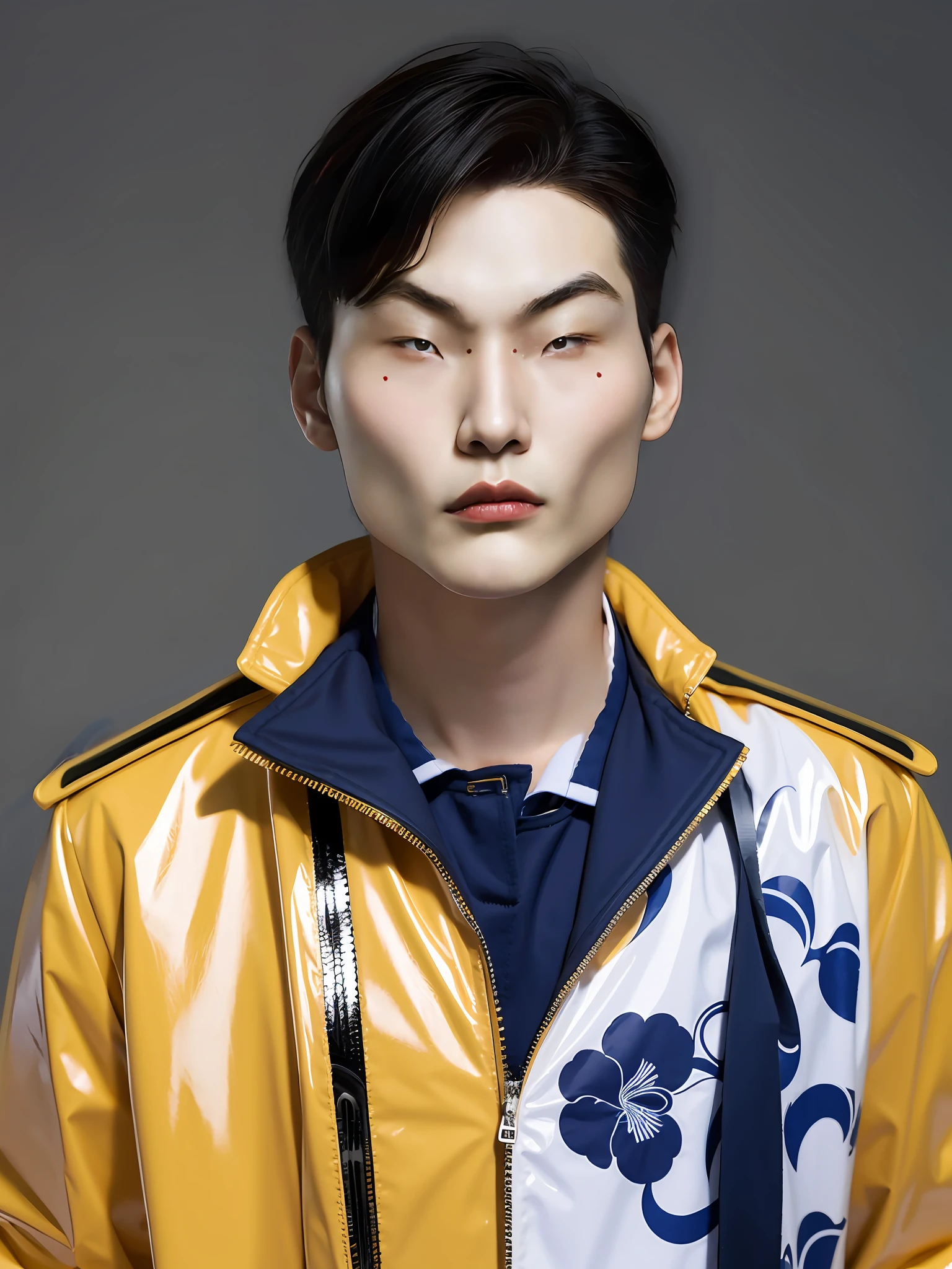 A Chinese male high school student,Wearing PVC Japanese school uniform,There are zippers,wearing a choker
