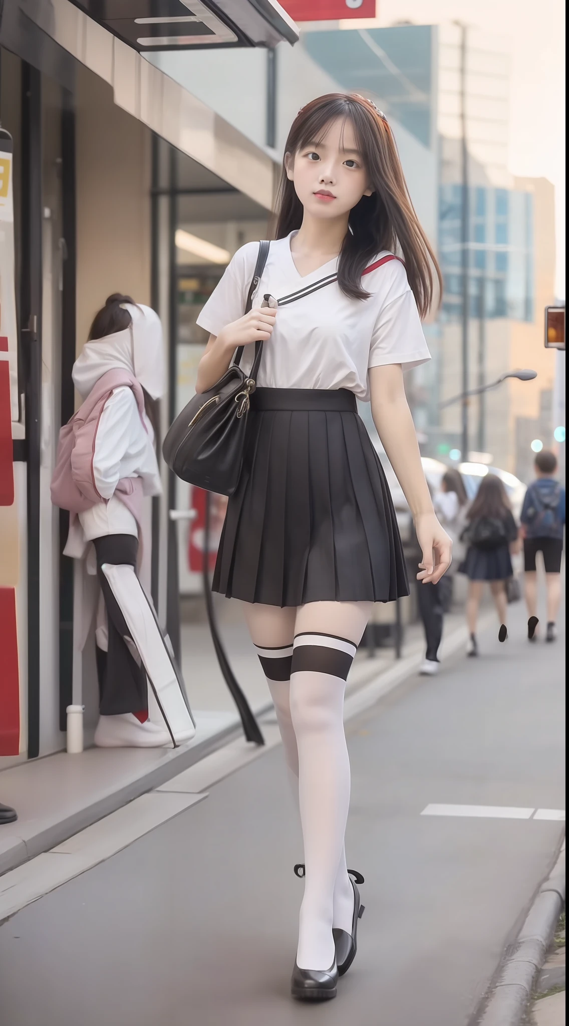 (Full body shot ：2), （Full Focus：1.3）, girlfriend, Colorful short-sleeved student uniforms, High-heeled leather shoes, long leges, The characters wear sailor suits and pleated skirts, Must show your face, Must have stockings, Stocking tights, hyper HD, Ray traching, structurally correct, anatomy correct, Award-Awarded, High detail, Chiaroscuro, Cinematic lighting, Masterpiece, Super detail, High quality, High details, Best quality, 16k