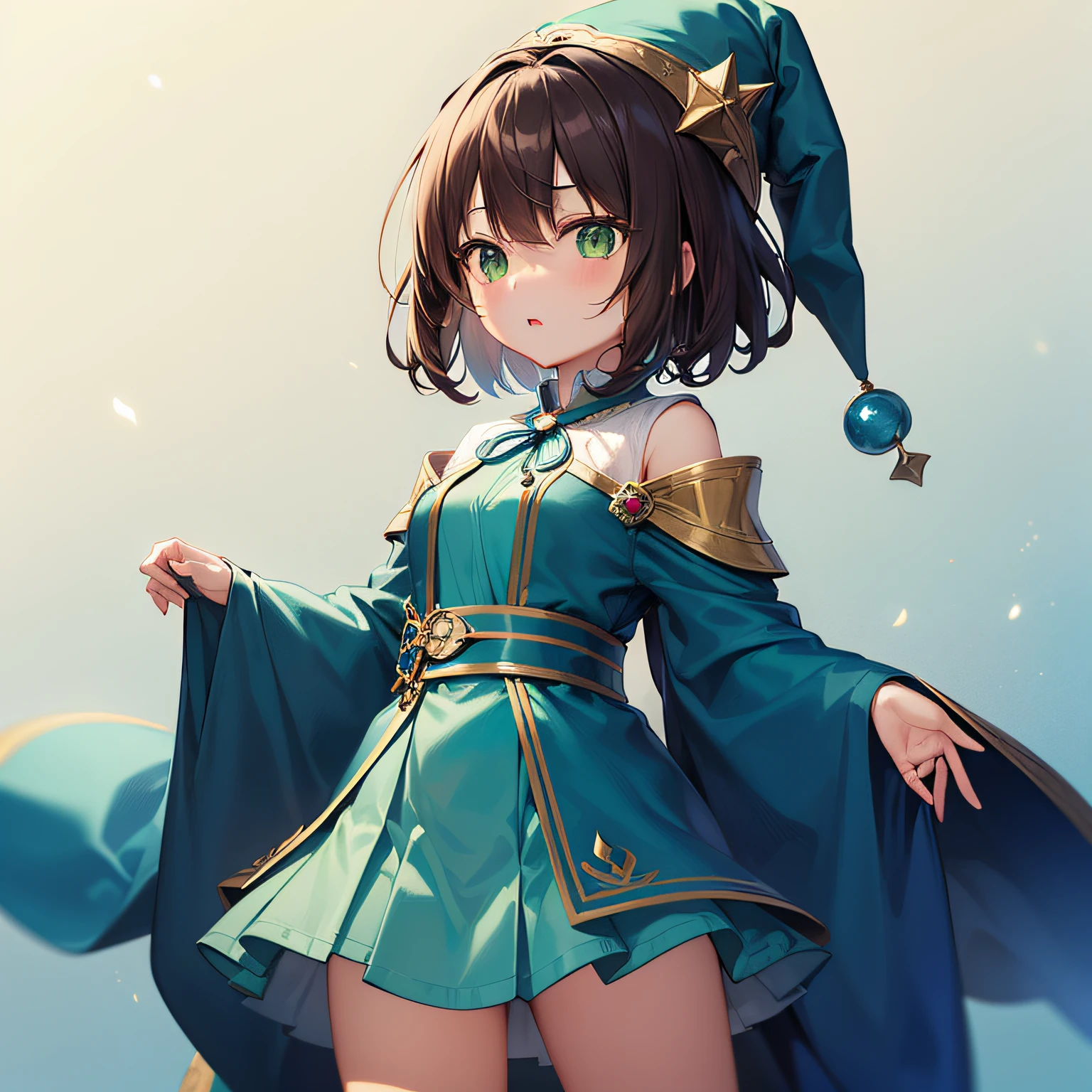 top-quality、extremely delicate and beautiful、((A teenage girl))、Green eyes、Small breasts、Short hair、Brown hair mixed in、Short hair、(Green Wizard Hat)、（a large blue ribbon on the head）Soio、Green clothing、long-sleeve、Red brooch on the neck、((Blue wizard robe dressed in green))、Standing