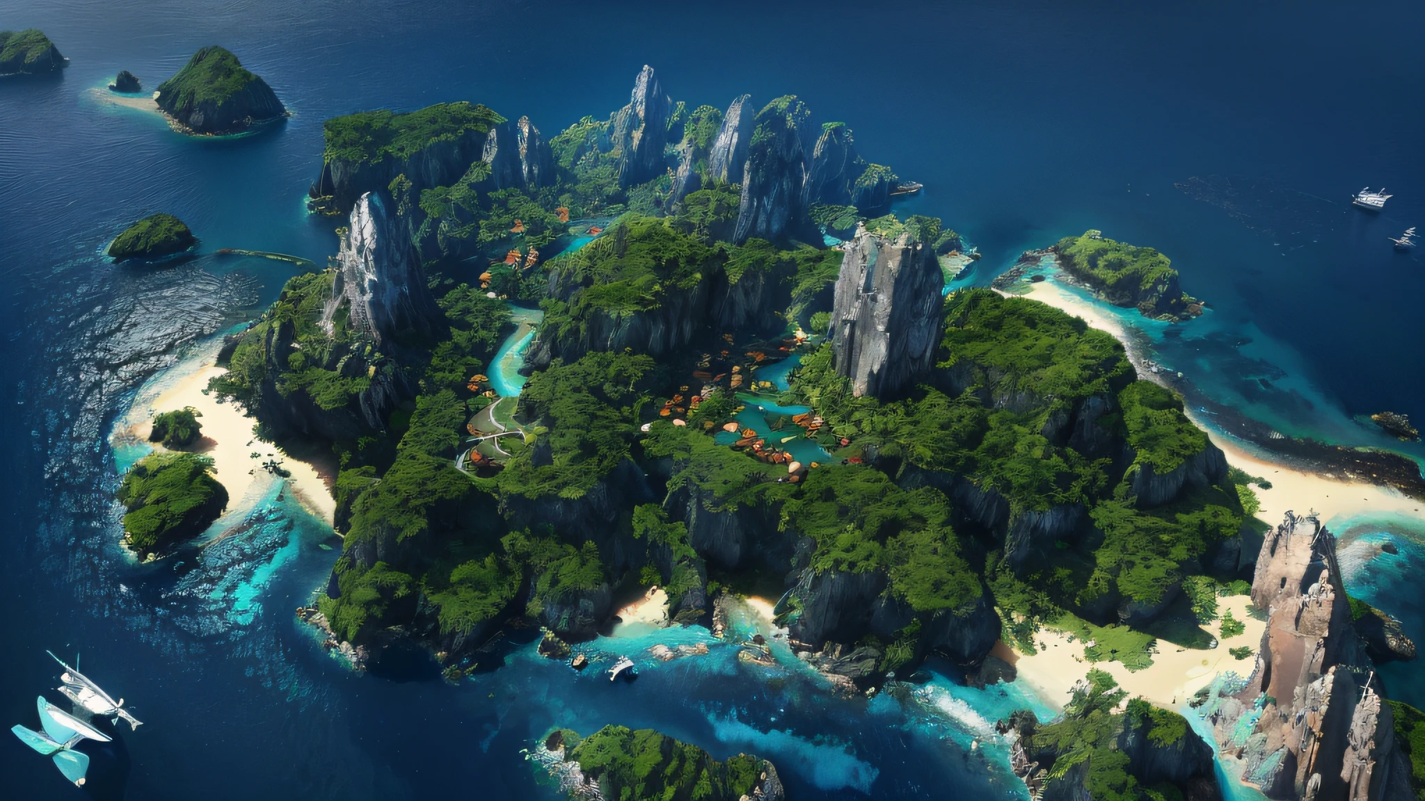 looking from above,Aerial view of a tropical island, An epic matte painting of the archipelago, Islands 8 k landscape rendering, Beautiful landscape rendering of the archipelago, rendered in corona, rendered in arnold, Rendered in Cinema4D, rendered in cinema 4 d, rendered in 4 k, High resolution 8K, rendered in 32k huhd, 3d rendered matte painting