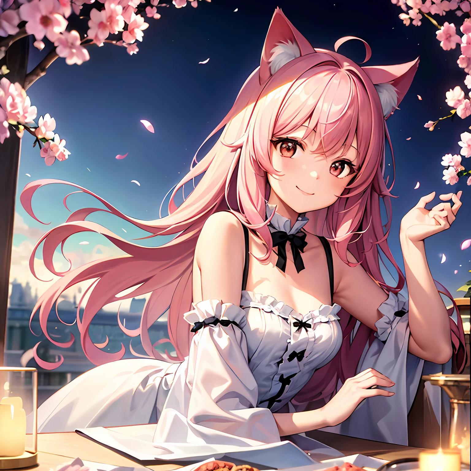 ​masterpiece、top-quality、Movie stills、One girl、Cat's ears、Pink hair、Cloud Girl、​​clouds、(a closeup:1.1)、with light glowing、Happiness、Smiled face、A delightful、Soft lighting、(Bauhaus、form、Line、abstracted:1.1)