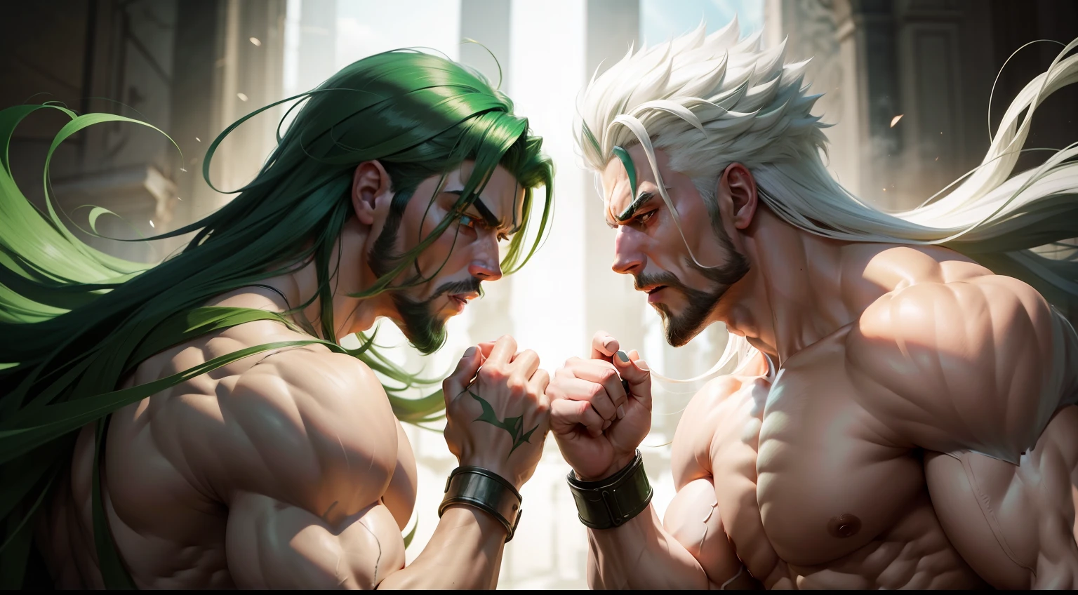 A muscular god with white hair, fighting with a muscular god with green hair.
