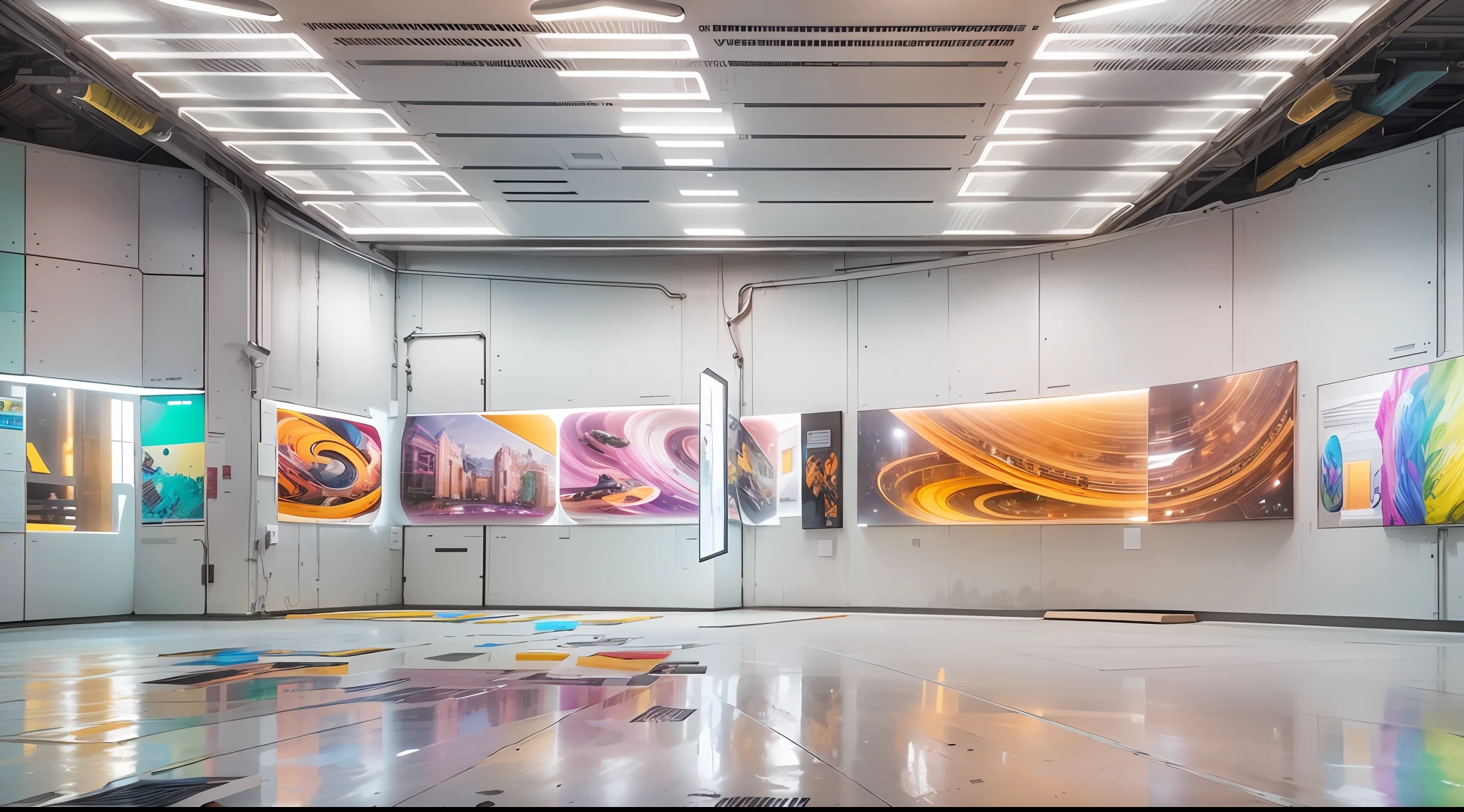 Indoor rectangular space,,Narrow and deep space， A 3-meter-tall,Colorful and bright,Pigment Museum,Immersive feeling, A large number of paint tubes on the walls on both sides form a huge neat artistic array，Inside are some LED screens，Showcasing the history of Marley brand pigments,Many colored arrays on the wall,Colorful colorful,Rainbow,, 8K high accuracy,concept design，Cinematic level，Interior showroom design，High detail,high-tech feel, Futuristic style, LCD screen and digital interactive technology,Some LEDs and history display bars on the wall, The top surface is specular,A beautiful space that forms infinite reflections,concept design,8K, Bright and clean,