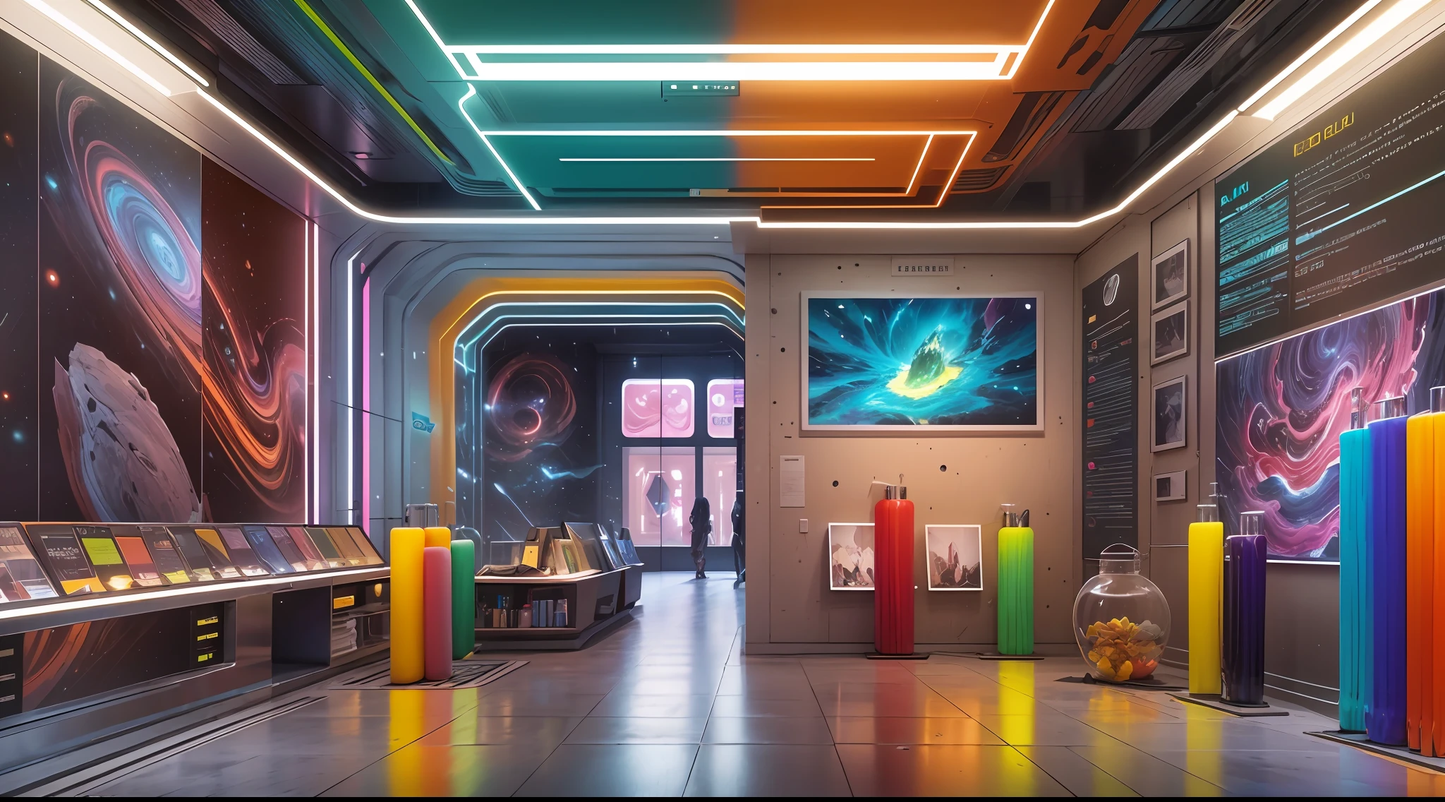 Indoor rectangular space,,Narrow and deep space， A 3-meter-tall,Colorful and bright,Pigment Museum,Immersive feeling, A large number of paint tubes on the walls on both sides form a huge neat artistic array，Inside are some LED screens，Showcasing the history of Marley brand pigments,Many colored arrays on the wall,Colorful colorful,Rainbow,, 8K high accuracy,concept design，Cinematic level，Interior showroom design，High detail,high-tech feel, Futuristic style, LCD screen and digital interactive technology,Some LEDs and history display bars on the wall, The top surface is specular,A beautiful space that forms infinite reflections,concept design,8K, Bright and clean,