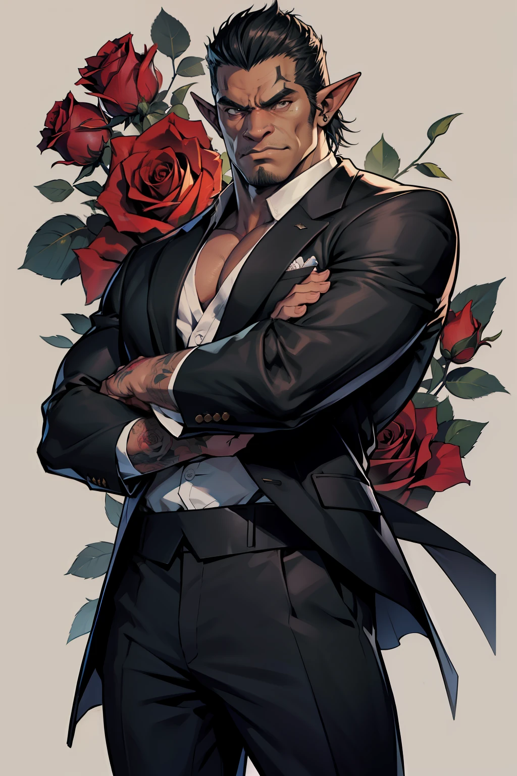 （Best quality at best），The Yakuza，Orc male，Detailed rose background，Black suit with gray