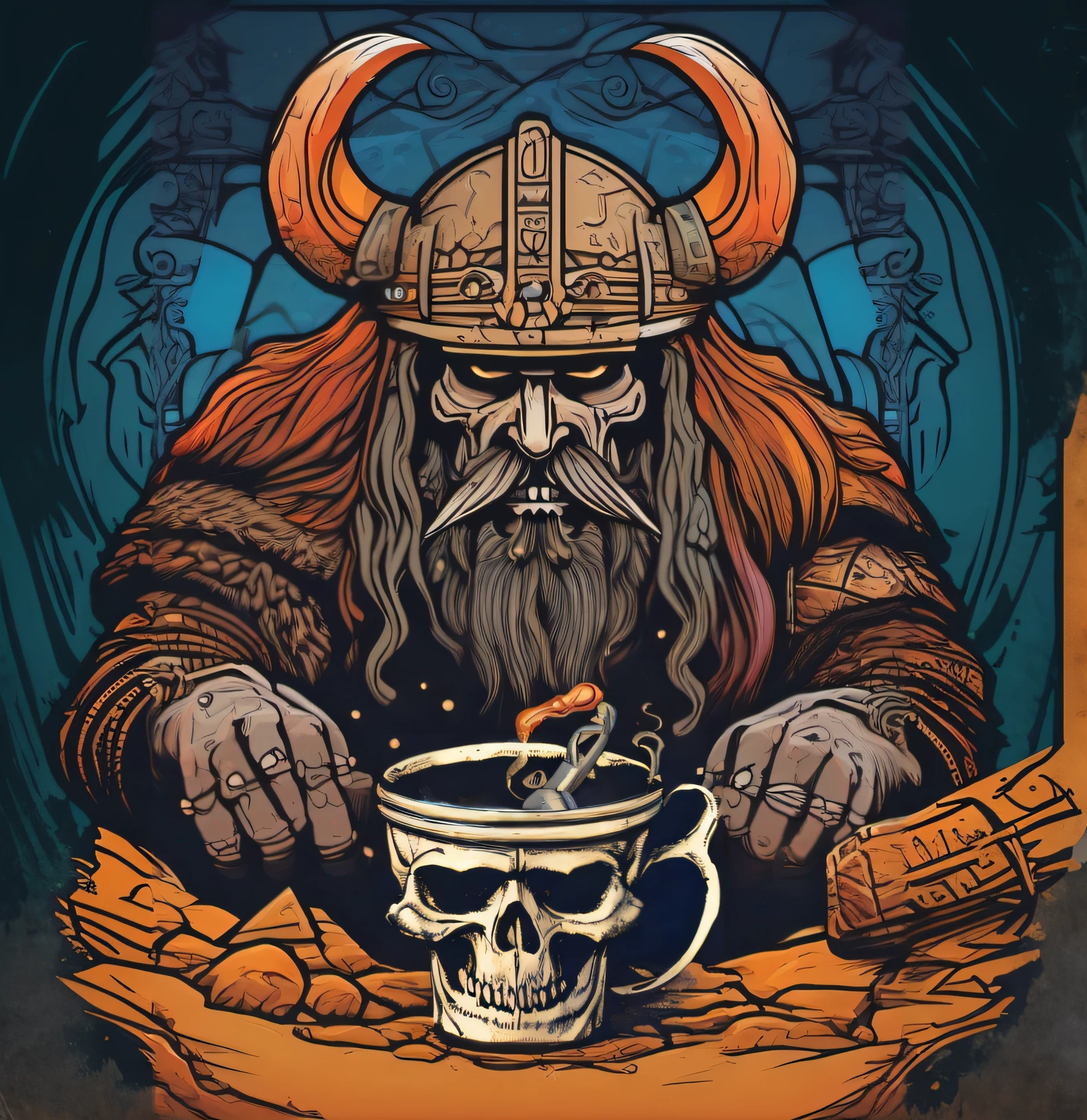 there is a poster of a viking with a skull and a cup of coffee, viking shaman, viking god, viking warrior illustration, viking and templar aesthetics, norse god, viking style, cup of death, norse warrior, painted portrait of rugged odin, norse inspired, epic viking king, viking king, viking culture, viking warrior, viking berserker, ancient viking warrior