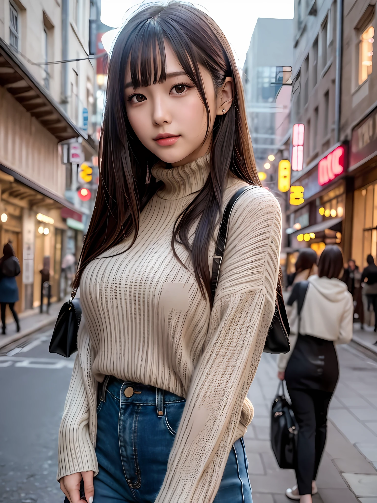 product quality, 1 girl per 1 photo, cowboy shot, front view, a Japanese young pretty girl, long bob hair, wearing a marriage ring, at night, standing in front of old luxury musical hall in England with a big smile, carrying a suitcase, wearing a long sleeves black knitted turtleneck sweater, denim pants, having a guidebook, a shoulder bag, hyper cute face, glossy lips, double eyelids for both eyes, natural makeup, shiny smooth light brown hair of long bob hair, asymmetrical bangs, tanned skin, central image, 8K resolution, high detail, detailed hairstyle, detailed face, cinematic lighting, octane rendering, hyper realistic, perfect limbs, perfect anatomy
