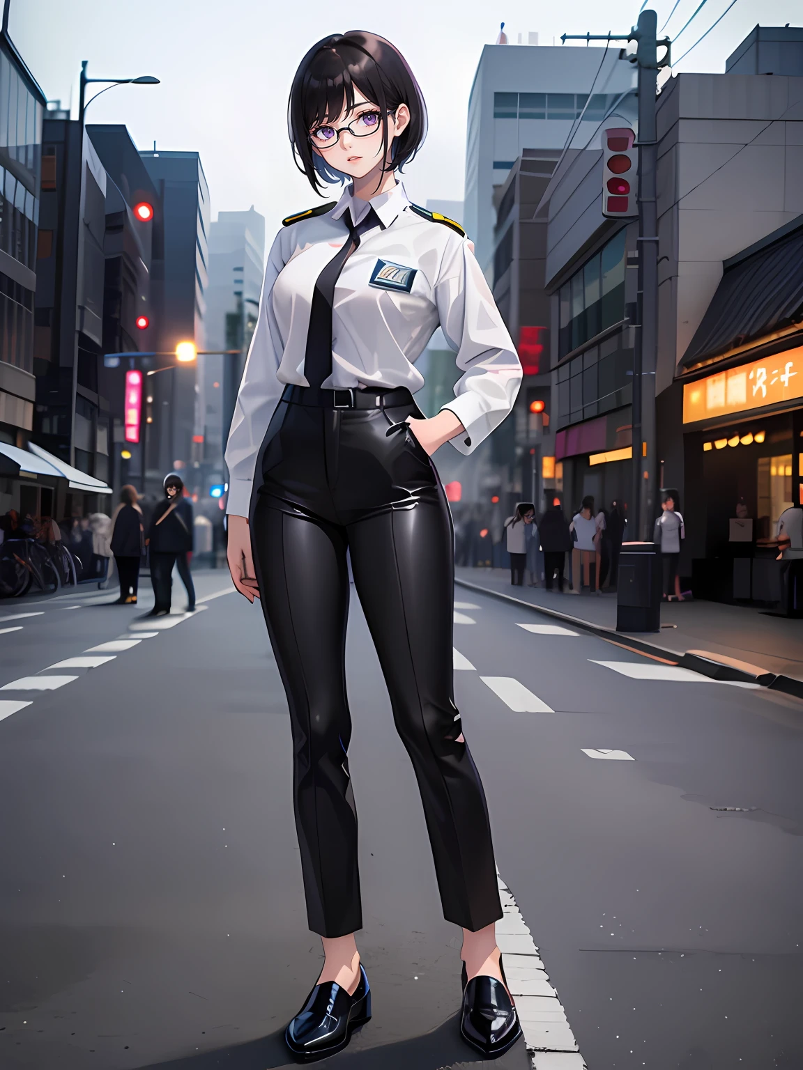 1girl, solo, short hair, jet black hair, purple eyes, (full body), standing, bangs, japanese police uniform, glasses, tokyo city backdrop, (white shirt), (black pants, tie), matching shoes, medium breasts, 20 age, badge, twirl pose