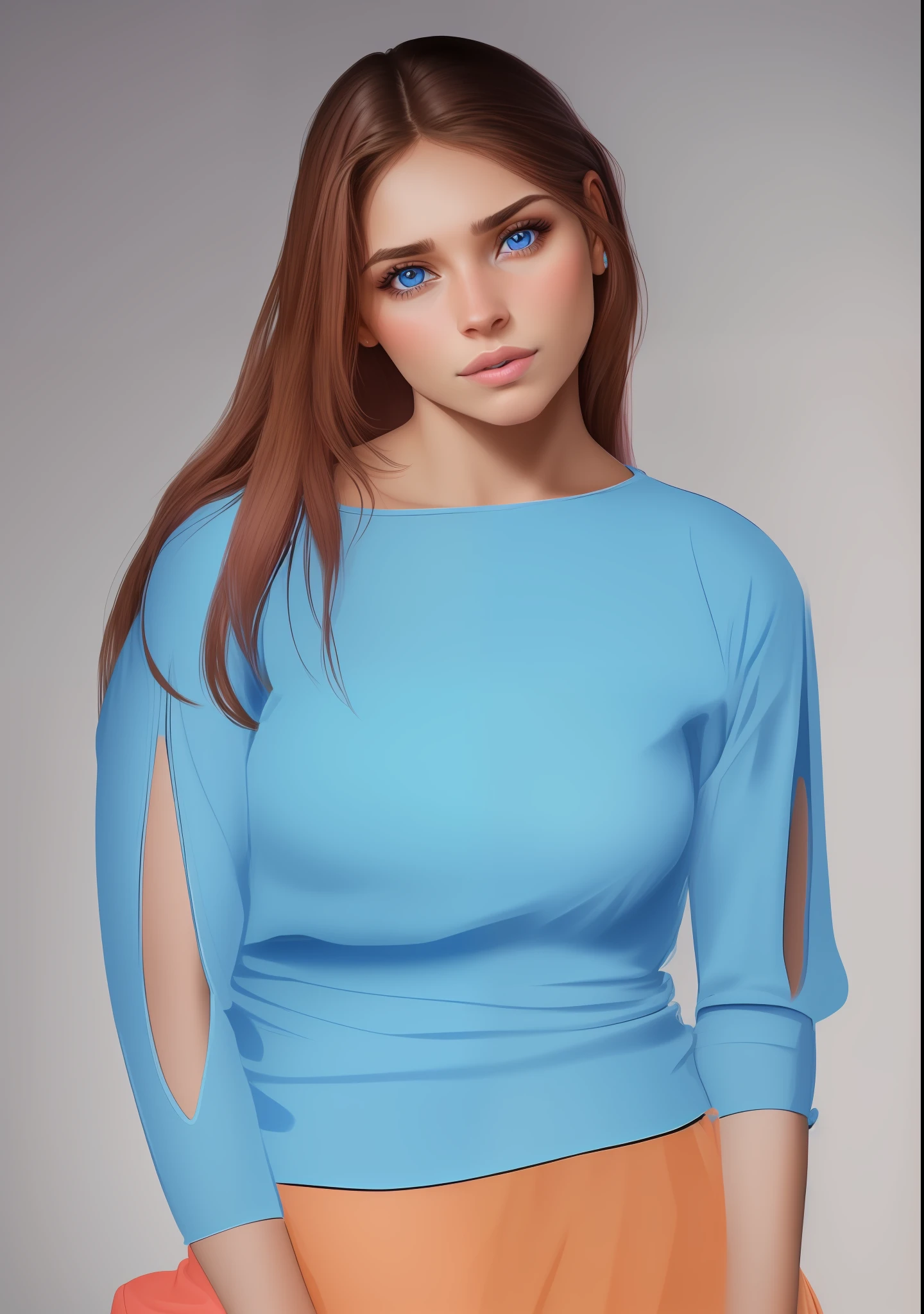 Latina woman, 25 years old, Brown long hair, blue eyes, pink shirtt, blue background, realistic portrait, 8k, debut work