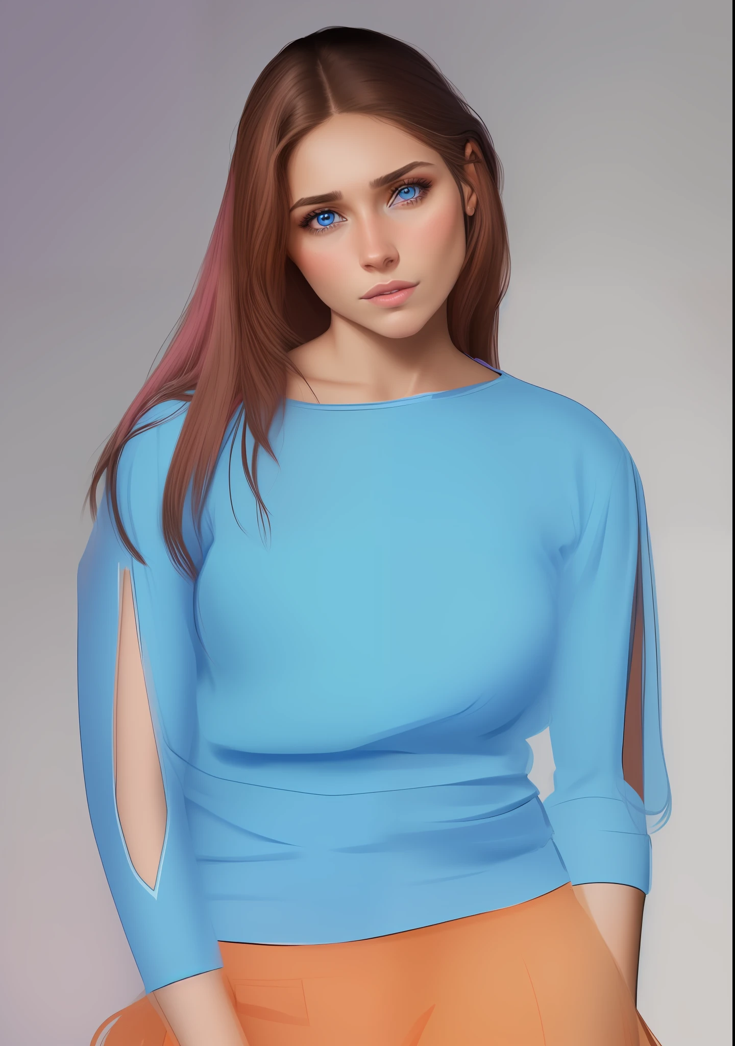 Latina woman, 25 years old, Brown long hair, blue eyes, pink shirtt, blue background, realistic portrait, 8k, debut work
