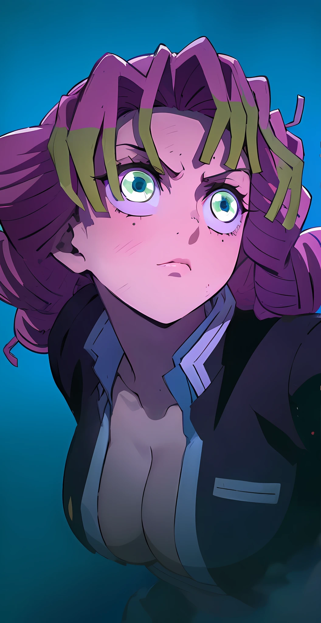 Garota anime com cabelo roxo e olhos verdes olhando para algo, Demon Slayer rui fanart, Anime estilo jojo, Mirai Nikki, gyro zeppeli, Marin Kitagawa Fanart, portrait knights of zodiac girl, Estilo anime Gainax, muito triste medusa, no estilo de arte do anime 8 0 s, she has a distant expression, Estilo de arte de Demon Slayer, Ilustre Makinami, melhor qualidade, 8k