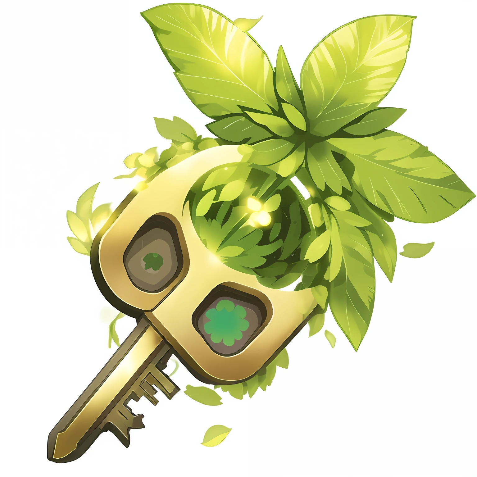 Key icon,Used in anime games,The key has a very fantastical element,There are green leaves on it,The feeling of the forest,in style of ghibli