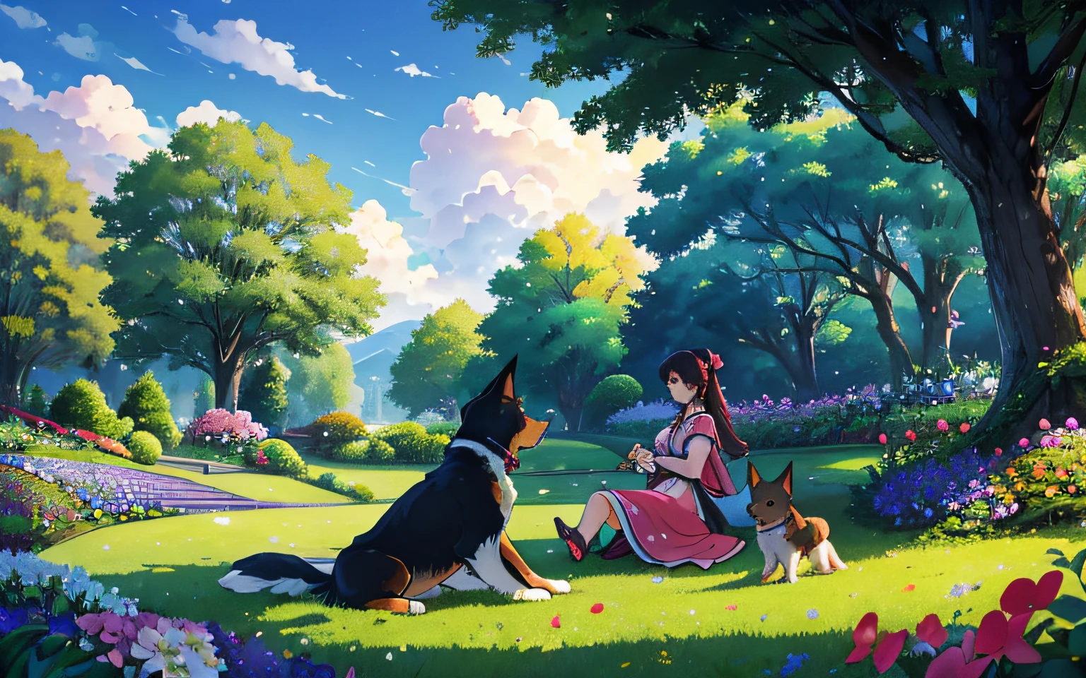 a cute dog is playing with his mistress in a green garden full of trees and flowers, gentle sunshine, white clouds drifting