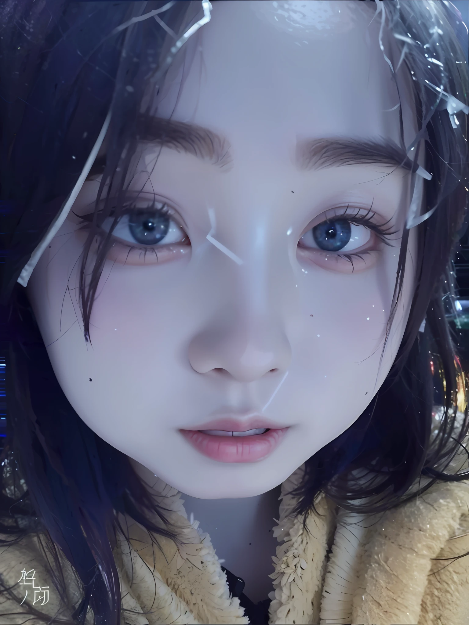 There is a young girl in a yellow jacket posing for a photo, icy look in the eye, white skin and reflective eyes, pale round face, frozen cold stare, pale white face, 8k selfie photograph, clear cute face, frosty white eyes, Ice-gray eyes, jaeyeon nam, Face picture, the piercing stare of yuki onna, Shin Jinying, Glowing white face