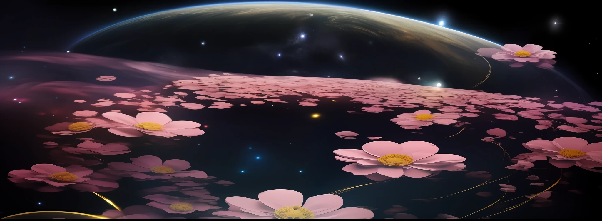 (extremely detailed, best quality, masterpiece), beautiful white flowers, vacuum of deep space, starry sky, chaotic events, 4k resolution.