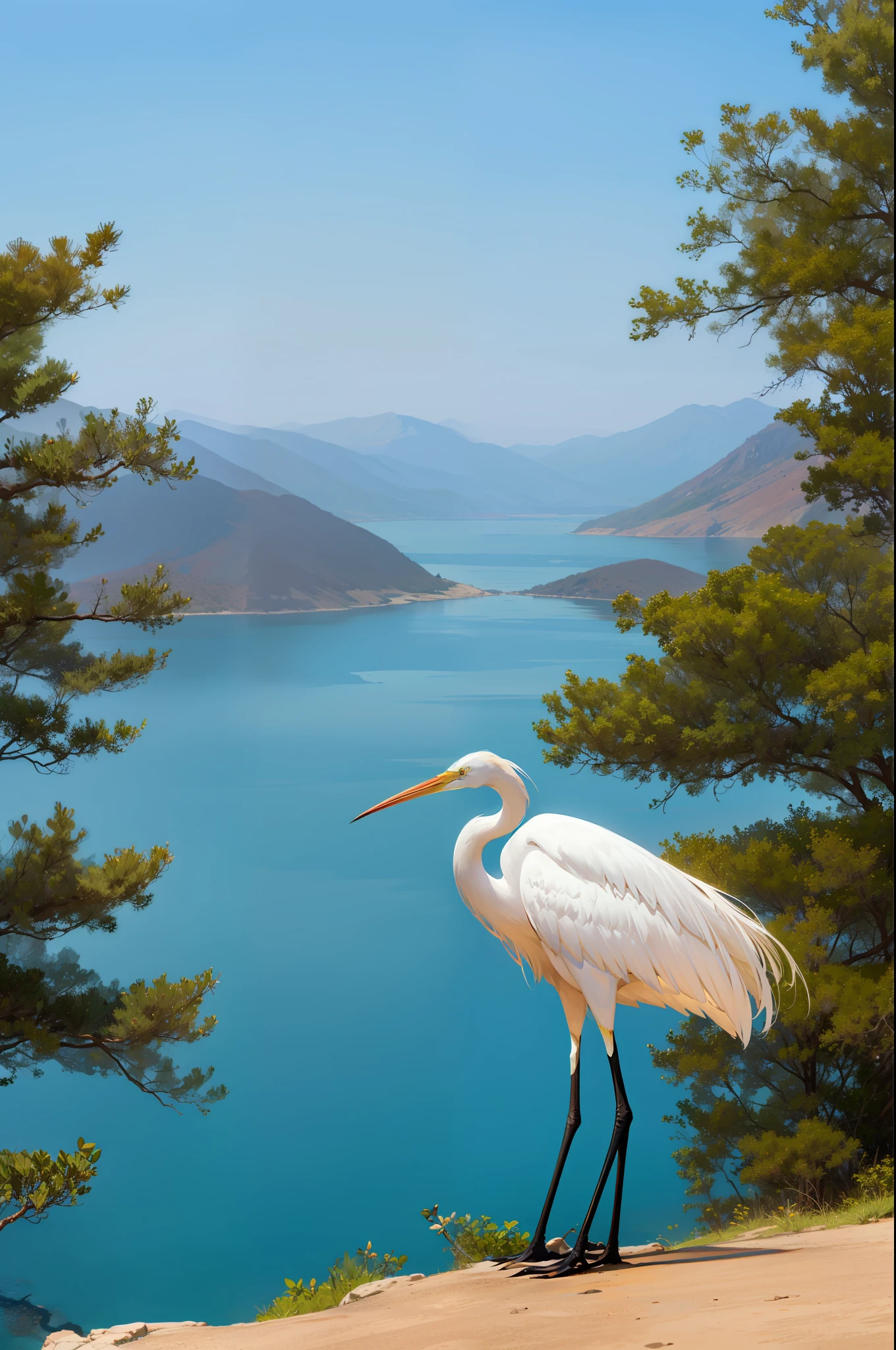 Antique elements，High hills，Eau，suns，Bluish blue tones，Wide scene，4K，egret