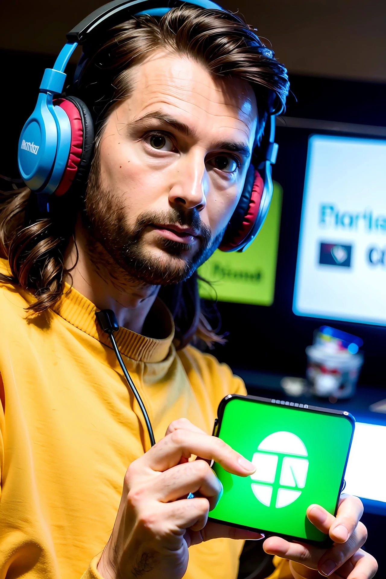 Jesus Christ looking at the camera with gamer headset