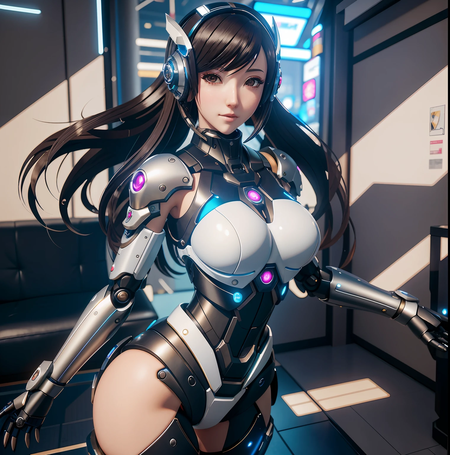 Anime - Stylish woman posing for photo in futuristic outfit, Biomechanical OPPAI, gynoid cyborg body, perfect android girl, perfect anime cyborg woman, an oppai cyberpunk, gynoid body, photorealistic anime girl rendering, Cute cyborg girl, Art germ ; 3d unreal engine, girl in mecha cyber armor