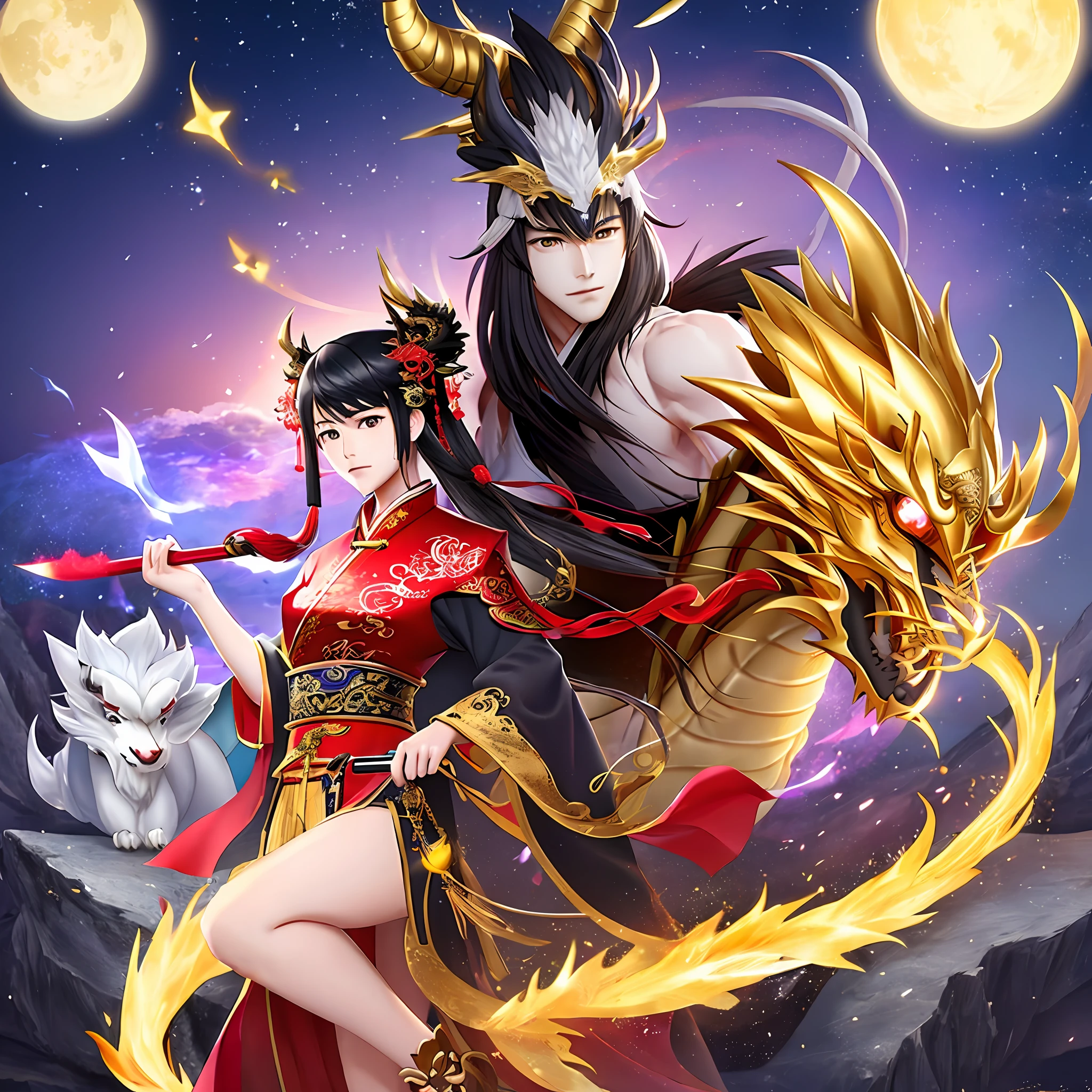 《China-style》A handsome and beautiful man,On the top of the head grow dragon horns from Chinese mythology,The long one is more similar to the drinking moon-kun in the Star Dome Railway,Dragon Zun。Holding a spear in his right hand,Left-handed spells,Wear Chinese-style clothing。The hair is black and golden。The eyes are golden。Genshin Zhongli's hair。Robe and cape。Like the god of war。The clothes are ordinary delicate Chinese style, without armor。Clothes made up of black and gold。There is a dragon head pattern on the chest of the clothes,There is also a dragon head statue on the shoulder。