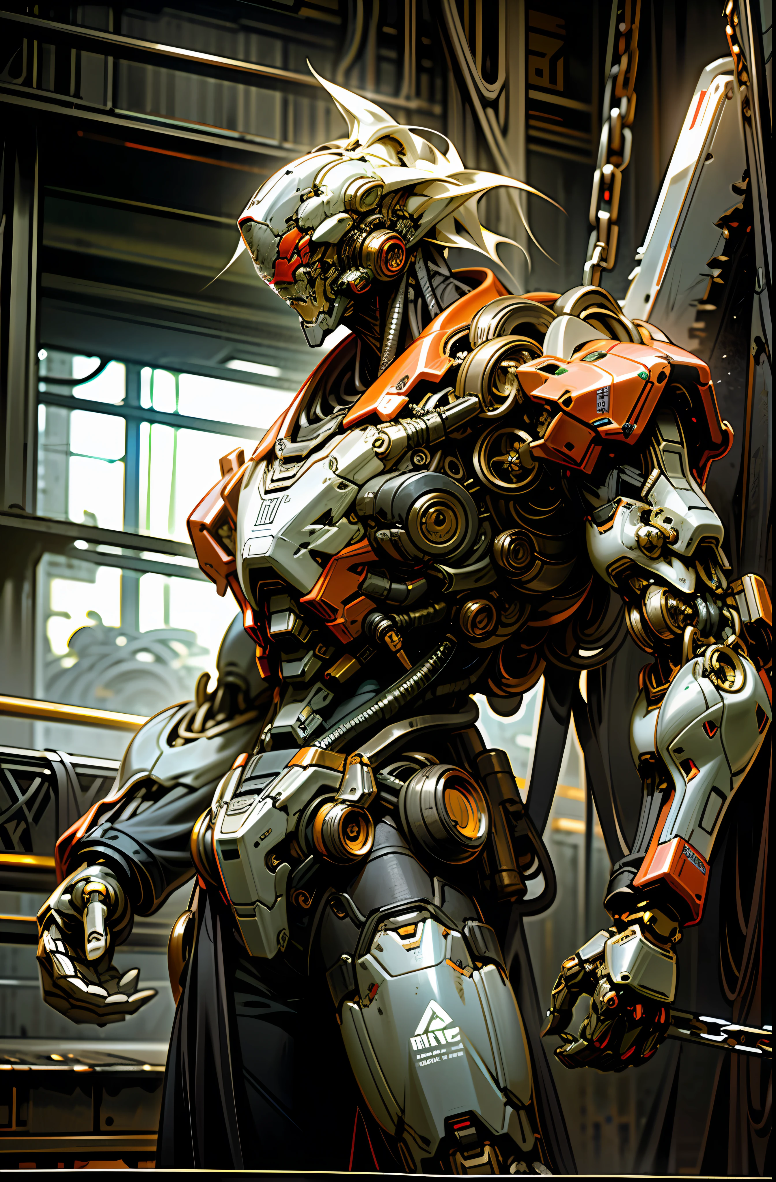 Dark_Fantasy,Cyberpunk,(chain saw,chain saw man,Red:1.1),1man,Mechanical marvel,Robotic presence,Cybernetic guardian, wearing a worn-out mech suit, intricate, (steel metal [rusty]), elegant, clear focus, shot by greg rutkowski, soft lighting, vibrant colors, masterpiece, ((street)), cowboy shot, dynamic pose,