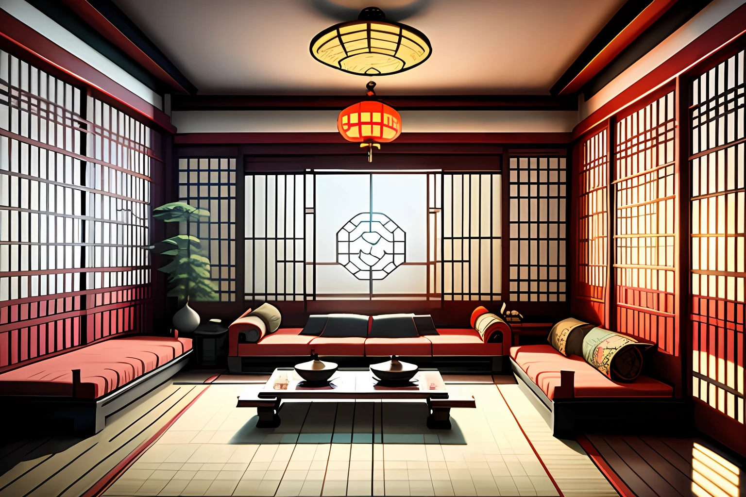 Chinese-style living room with no furniture, empty space, front symmetry