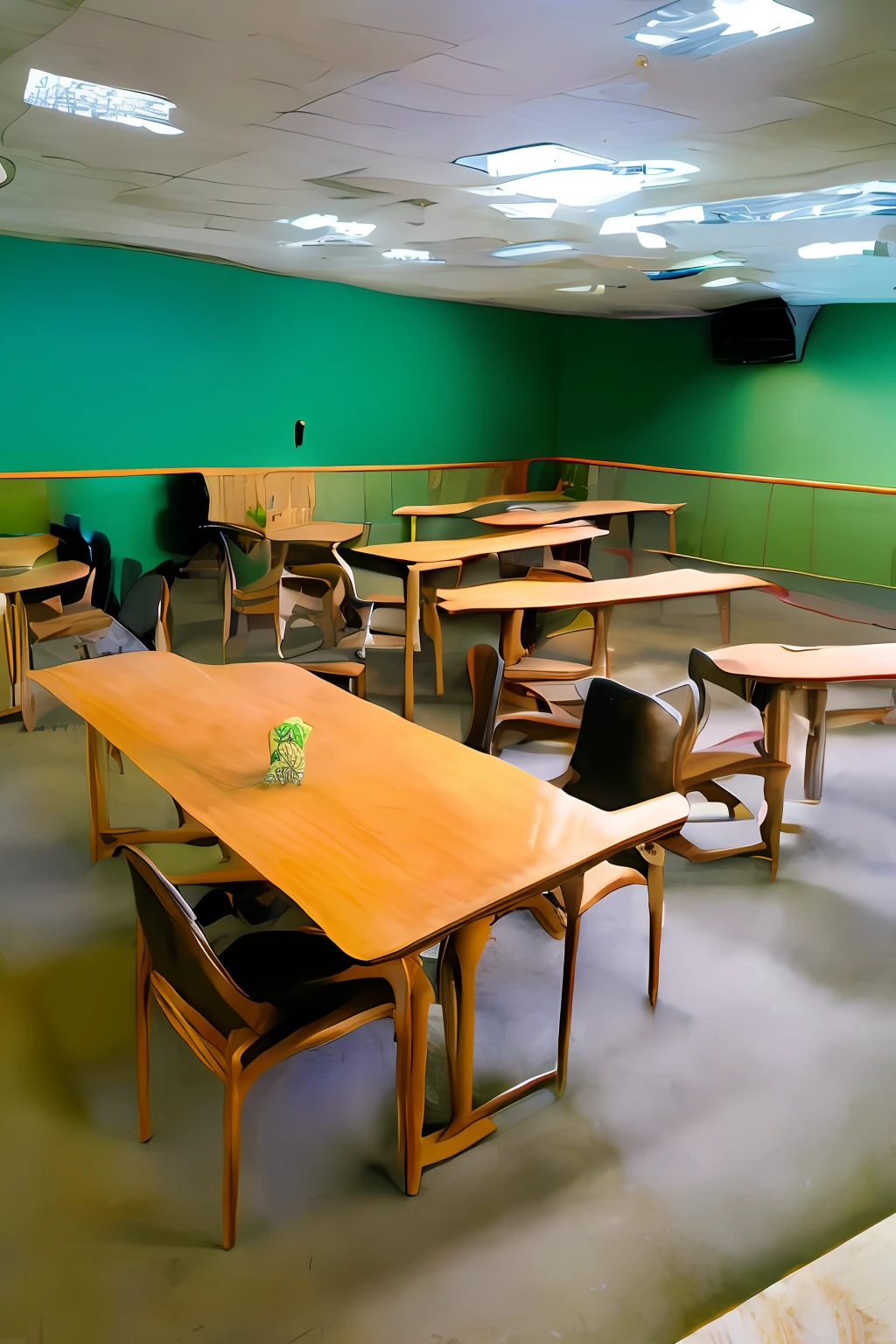 The room has a rectangular layout and is spacious, with enough space to accommodate the 5 tables and 5 chairs.
The tables are wooden, cada uma medindo aproximadamente 1 metro de comprimento por 0,6 metros de largura. They are arranged in a straight row along one of the walls of the room, with a small distance between them to allow circulation.
The chairs are comfortable and are also wooden. They are arranged in front of the tables, com uma cadeira em cada lado de cada mesa, totalizando 5 cadeiras por mesa. As cadeiras possuem encosto e assento acolchoados para maior conforto.
The room is well lit, com janelas grandes que permitem a entrada de luz natural durante o dia. It is also equipped with artificial lighting, with ceiling lamps to ensure good visibility at any time.
The atmosphere is pleasant and has a simple decoration, with walls in neutral tones to create a tranquil atmosphere conducive to work or study. Ademais, The living room has an air-conditioning to maintain the pleasant temperature throughout the year