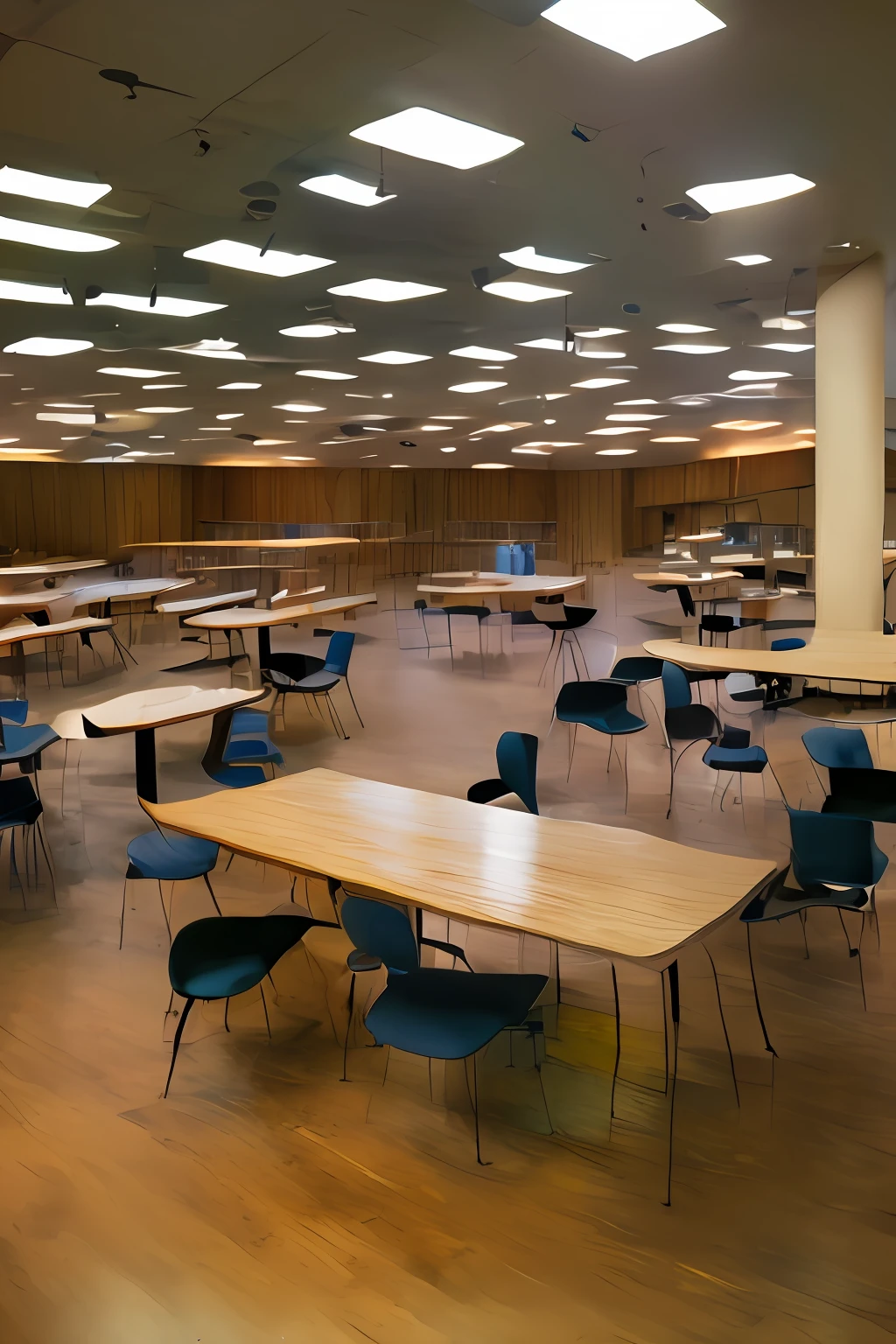 The room has a rectangular layout and is spacious, with enough space to accommodate the 5 tables and 5 chairs.
The tables are wooden, cada uma medindo aproximadamente 1 metro de comprimento por 0,6 metros de largura. They are arranged in a straight row along one of the walls of the room, with a small distance between them to allow circulation.
The chairs are comfortable and are also wooden. They are arranged in front of the tables, com uma cadeira em cada lado de cada mesa, totalizando 5 cadeiras por mesa. As cadeiras possuem encosto e assento acolchoados para maior conforto.
The room is well lit, com janelas grandes que permitem a entrada de luz natural durante o dia. It is also equipped with artificial lighting, with ceiling lamps to ensure good visibility at any time.
The atmosphere is pleasant and has a simple decoration, with walls in neutral tones to create a tranquil atmosphere conducive to work or study. Ademais, The living room has an air-conditioning to maintain the pleasant temperature throughout the year