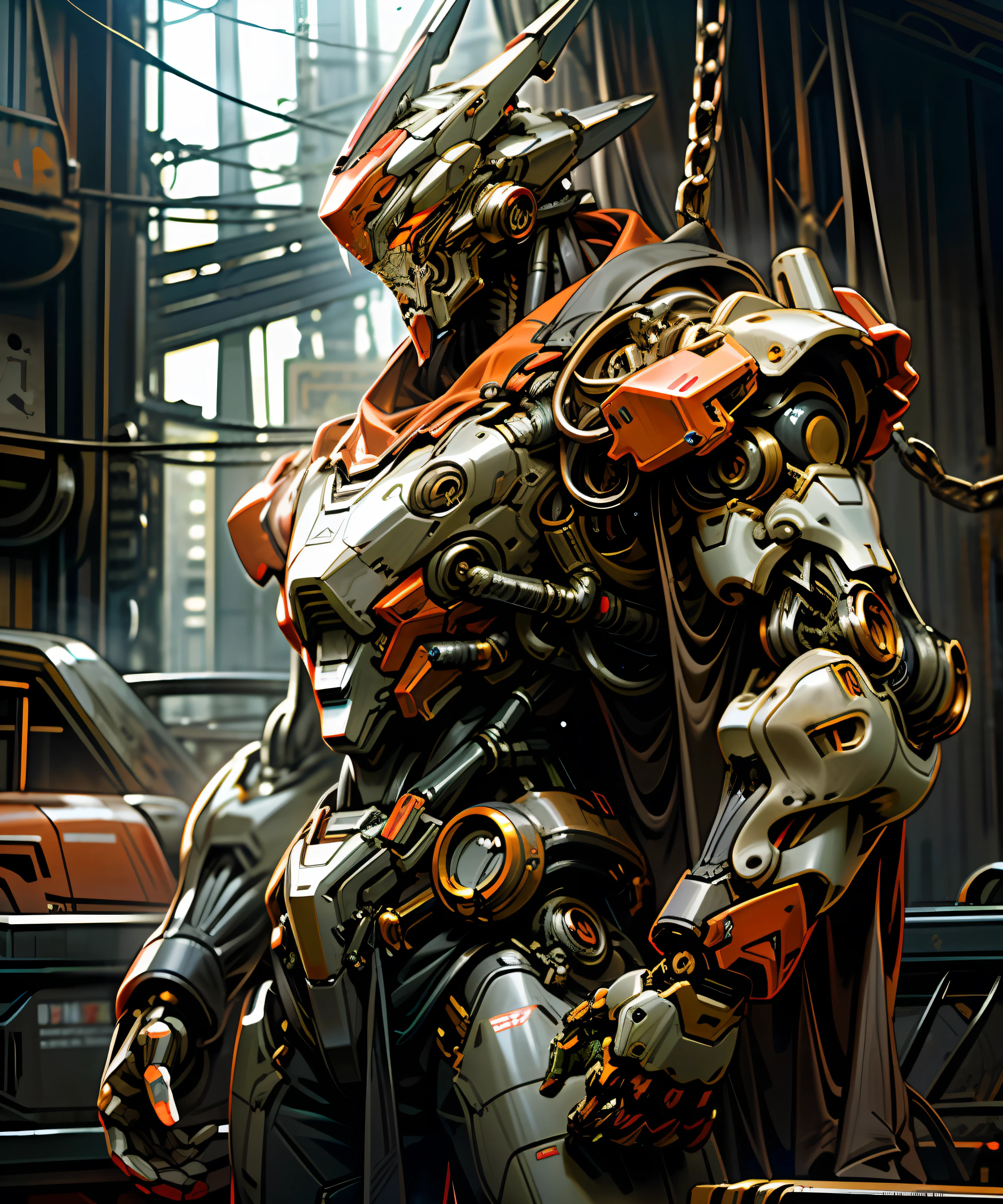 Dark_Fantasy,Cyberpunk,(chain saw,chain saw man,Red:1.1),1man,Mechanical marvel,Robotic presence,Cybernetic guardian, wearing a worn-out mech suit, intricate, (steel metal [rusty]), elegant, clear focus, shot by greg rutkowski, soft lighting, vibrant colors, masterpiece, ((street)), cowboy shot, dynamic pose,