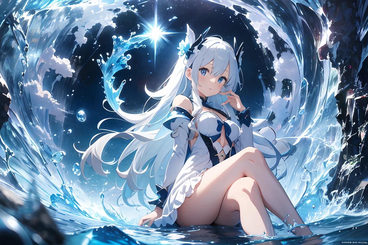 Anime girl sitting on the throne with crystal ball in hand, Wallpaper Anime Blue Water, closeup fantasy with water magic, beautiful fantasy anime, white haired god, beautiful celestial mage, water element, anime art wallpaper 4k, anime art wallpaper 4k, anime fantasy artwork, Anime art wallpaper 8k, a sorceress casting a ice ball