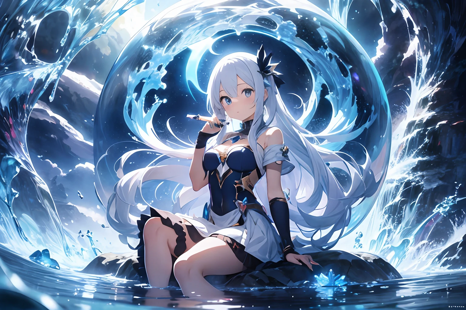 Anime girl sitting on the throne with crystal ball in hand, Wallpaper Anime Blue Water, closeup fantasy with water magic, beautiful fantasy anime, white haired god, beautiful celestial mage, water element, anime art wallpaper 4k, anime art wallpaper 4k, anime fantasy artwork, Anime art wallpaper 8k, a sorceress casting a ice ball