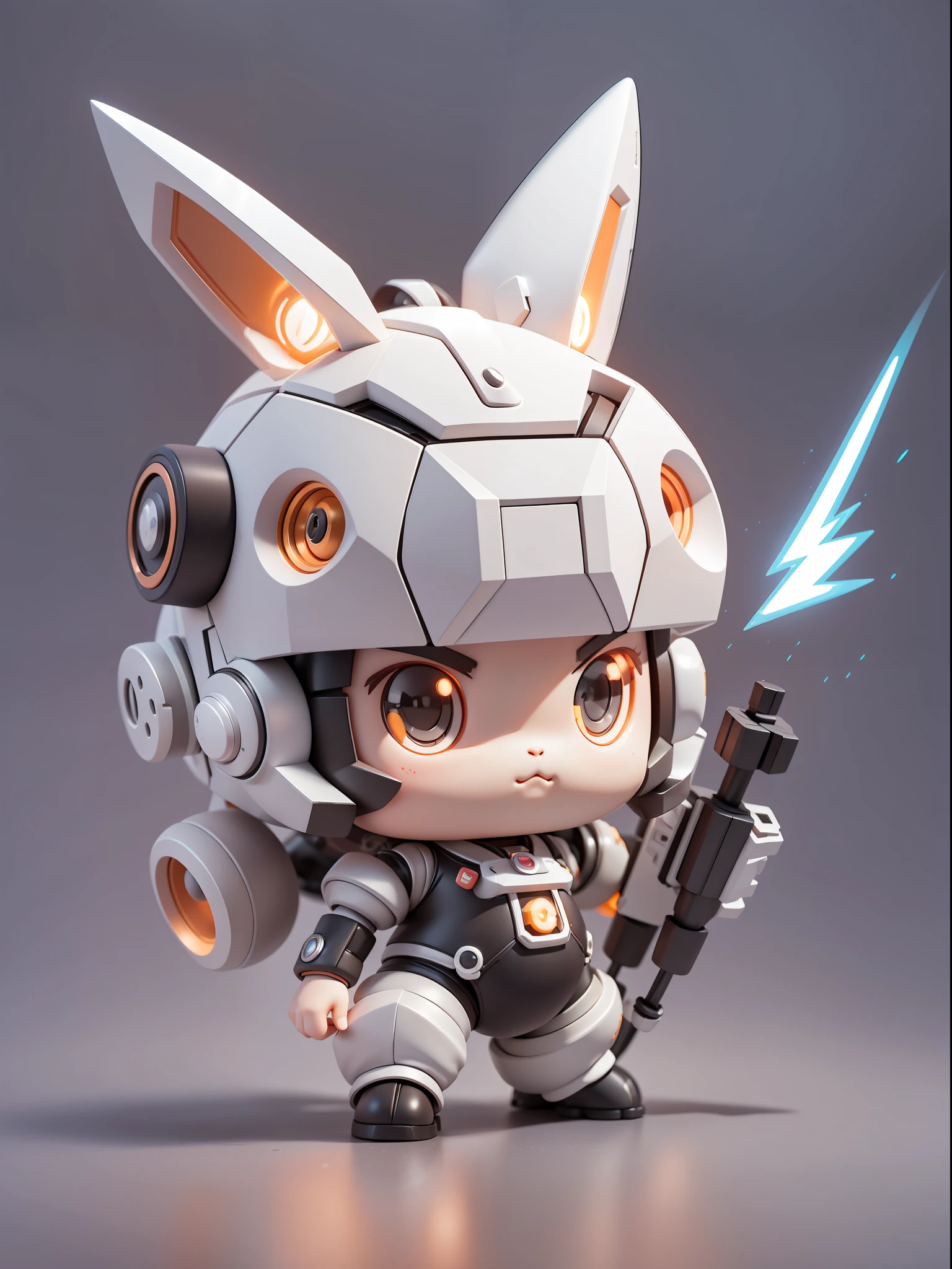 (Mechanical, Bunny: 1.331), (Mechanical Bunny Tail), Cute Style, Small, Big Head, Lava Jet, 3D Rendering, ((Q Version)), Pokémon Style, Machine Style, Cinematic Texture, Figures, Pokémon, Movie Lights, Heavy Robotic Arm, Mechanical Belly, Mechanical Legs, Mechanical Feet, Mechanical Feeling, Background Surround Lightning, Lightning, Cool, Clean White Background, Ray Tracing, Quality Colors, Full Body 3D Model, Action, Stylish Blind Box Toys. (fill body:1.2),chibi