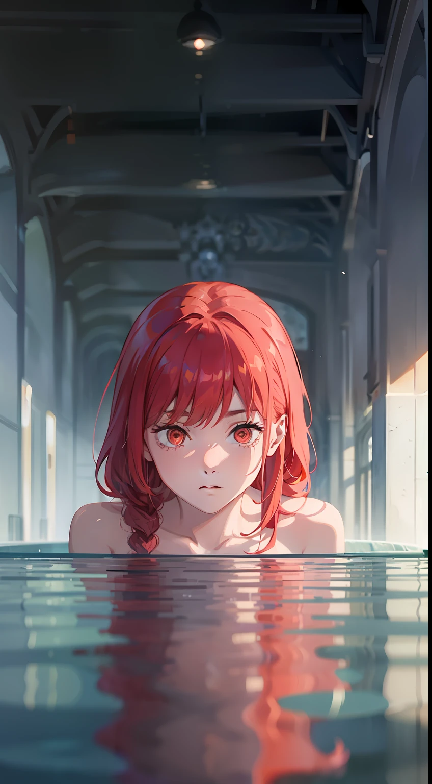 （ultra - detailed，best qualtiy）， reflecting pool， Mama-style characters， Crouching， Complex expressions， reflective surface， dark ambiance， dramatic lights， Red eyes， red tinted hair，