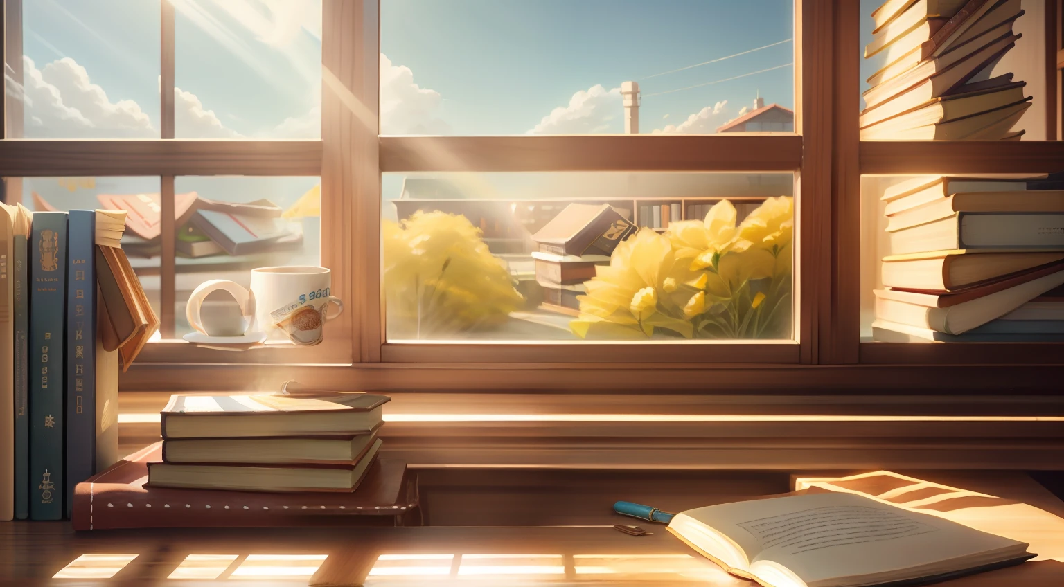 Bright sunshine，There were books on the table、coffee mug、Leftover burgers、potato chip、Cute book and cute pen。high definition detail，photorealestic，Oil painting texture，the soft light。 --v6