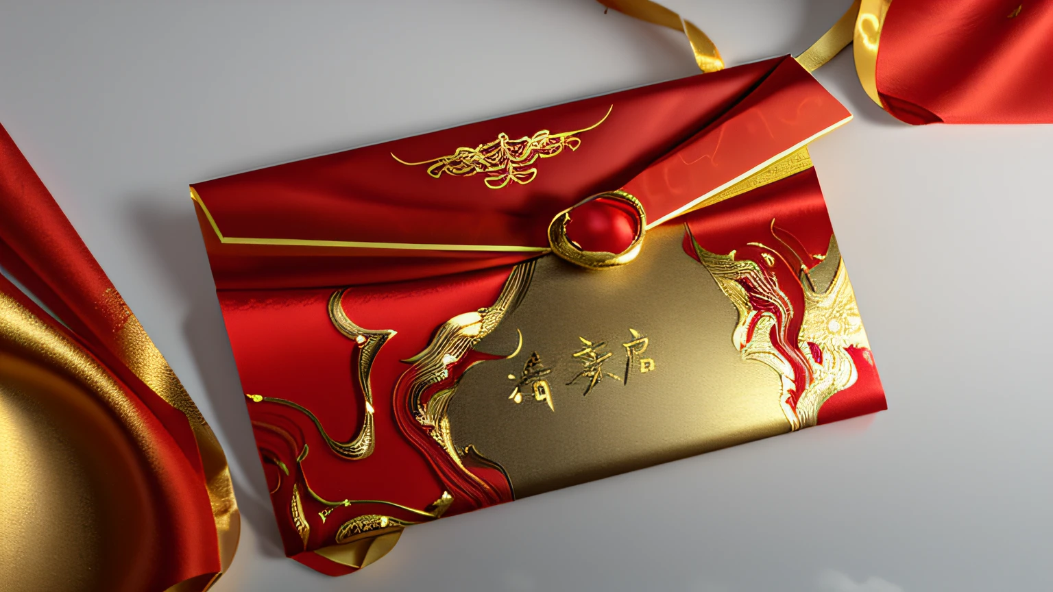 The gold seal on it shines brightly,Red and gold fabrics complement each other,Delicate marble-textured silk cloth is embellished,Red and gold elements pop onto the paper。The golden Chinese text shone brightly,Sparkling like gold leaf。The swirling red silk fabric is intertwined with gold and red metal,The result is fine detail and grandeur!