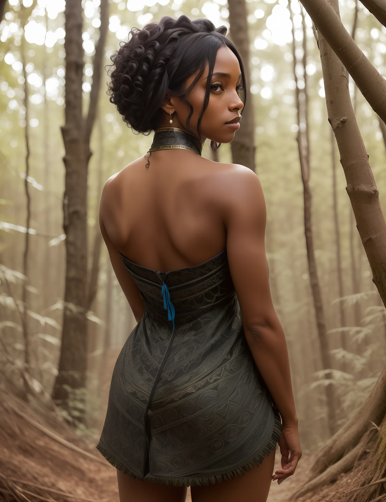 (Happy:1.3) black, (dark skin:1.1) woman black woman, back, standing with his back to the camera, leaned forward, george miller cinematography, wide-angle, portrait, realistic, cinematic, 8k, highly detailed, highly detailed eyes, shphotography, professional, canon camera, nikon camera, sharp, bokeh, in the forest, studio quality, color grading, by Alphonso Mucha, by Rodrigo Prieto