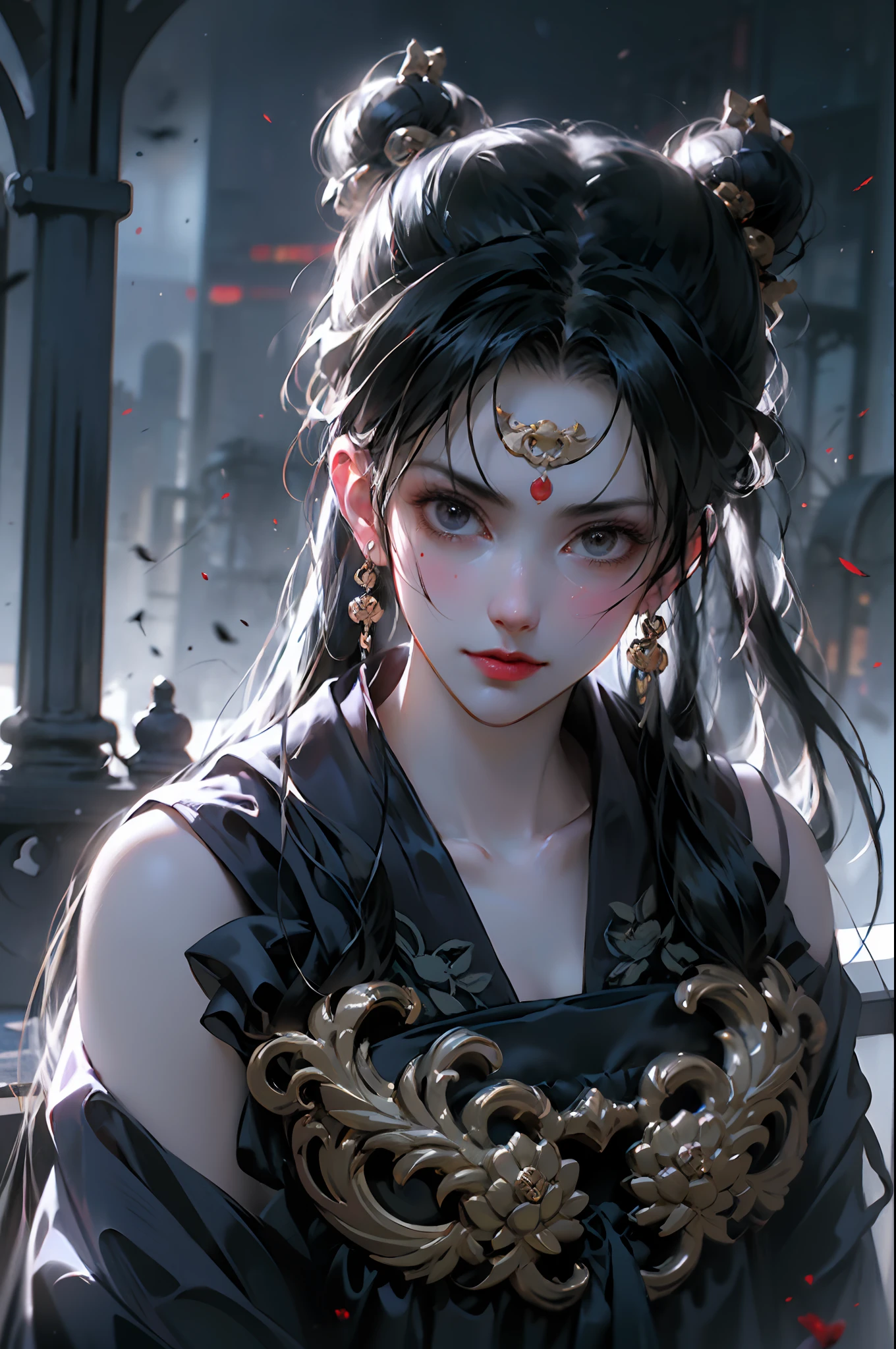 Official Art, Unity 8k Wallpaper, Ultra Detailed, Beautiful, Beautiful, Masterpiece, Best Quality, Darkness, Mystic, Romanticism, Scary, Literature, Art, Fashion, Tang Dynasty Era, Decoration, Intricate, Ironwork, Embroidery, Contemplation, Emotional Depth, Supernatural, Black Hanfu, Black Tulle, 1 Girl, Mask, Hua Dian, High Priest, Solo, Black Cat, Cat, Sad, Bloodstain, Fateful, Bust Composition, Dramatic Composition, Cinematic Lighting, Dynamic Perspective, Sexy, Full of Seduction, Ancient Chinese architectural background, temples, altars, black fog,