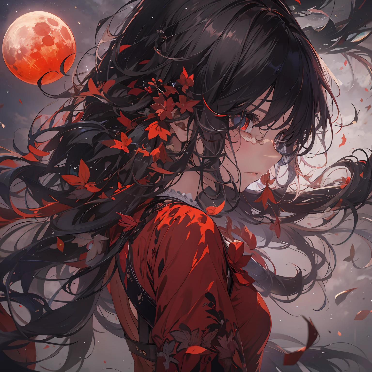 Outrageous resolution、hight resolution、(​masterpiece:1.4)、ultra-detailliert、1girl in、Red Moon、A frustrated look on his face、Crying、Tears run down my cheeks、irate、A look of indignation、Face up、Big red moon on background、Floating hair、spaces、Black Dress、floating、 --v 6