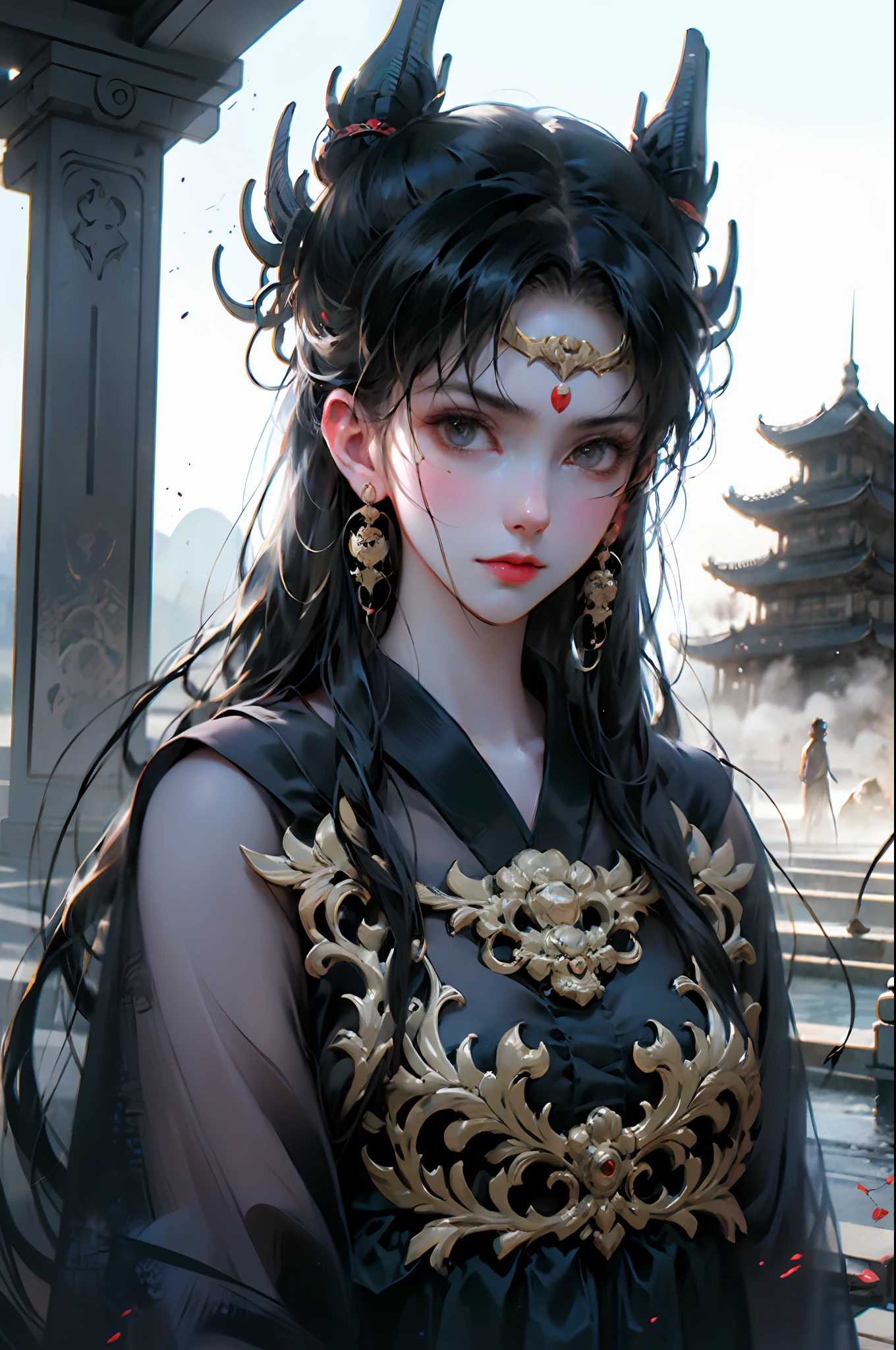 Official Art, Unity 8k Wallpaper, Ultra Detailed, Beautiful, Beautiful, Masterpiece, Best Quality, Darkness, Mystic, Romanticism, Scary, Literature, Art, Fashion, Tang Dynasty Era, Decoration, Intricate, Ironwork, Embroidery, Contemplation, Emotional Depth, Supernatural, Black Hanfu, Black Tulle, 1 Girl, Mask, Hua Dian, High Priest, Solo, Black Cat, Cat, Sad, Bloodstain, Fateful, Bust Composition, Dramatic Composition, Cinematic Lighting, Dynamic Perspective, Sexy, Full of Seduction, Ancient Chinese architectural background, temples, altars, black fog,