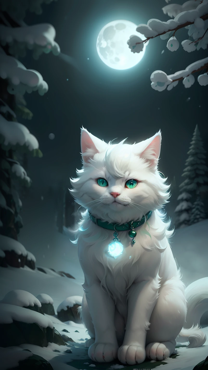 A cute white frosty cat frost upon his fur and paws with curly white mustache and goatee , deep green  eyes, deep in the frosty snow of winter, silky blue collar, blowing snow, snowy haze, a full moon, a deep river, and a mysterious image. It's night but it's bright green fur bows of the night forest.