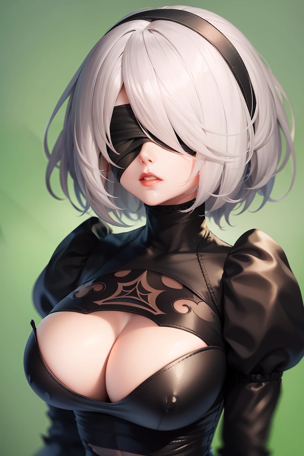 yorha no. 2 type b, 1girl, blindfold, breasts, cleavage, cleavage cutout, clothing cutout, green background, hair between eyes, hairband, highres, juliet sleeves, long sleeves, puffy sleeves, red lips, shaded face, short hair, solo, turtleneck, upper body, white hair, white background