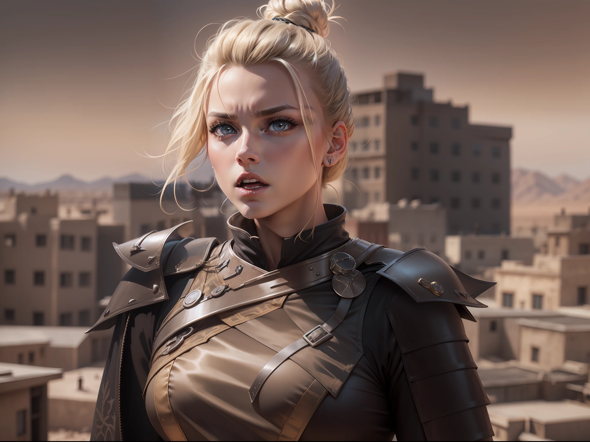 realistic image of beautiful blonde woman, light eyes, strong, severe bun hairstyle, dressed in black RPG warrior clothes with silver shoulder pads, surprised expression, standing on top of a tall building in a desert town in brown tones