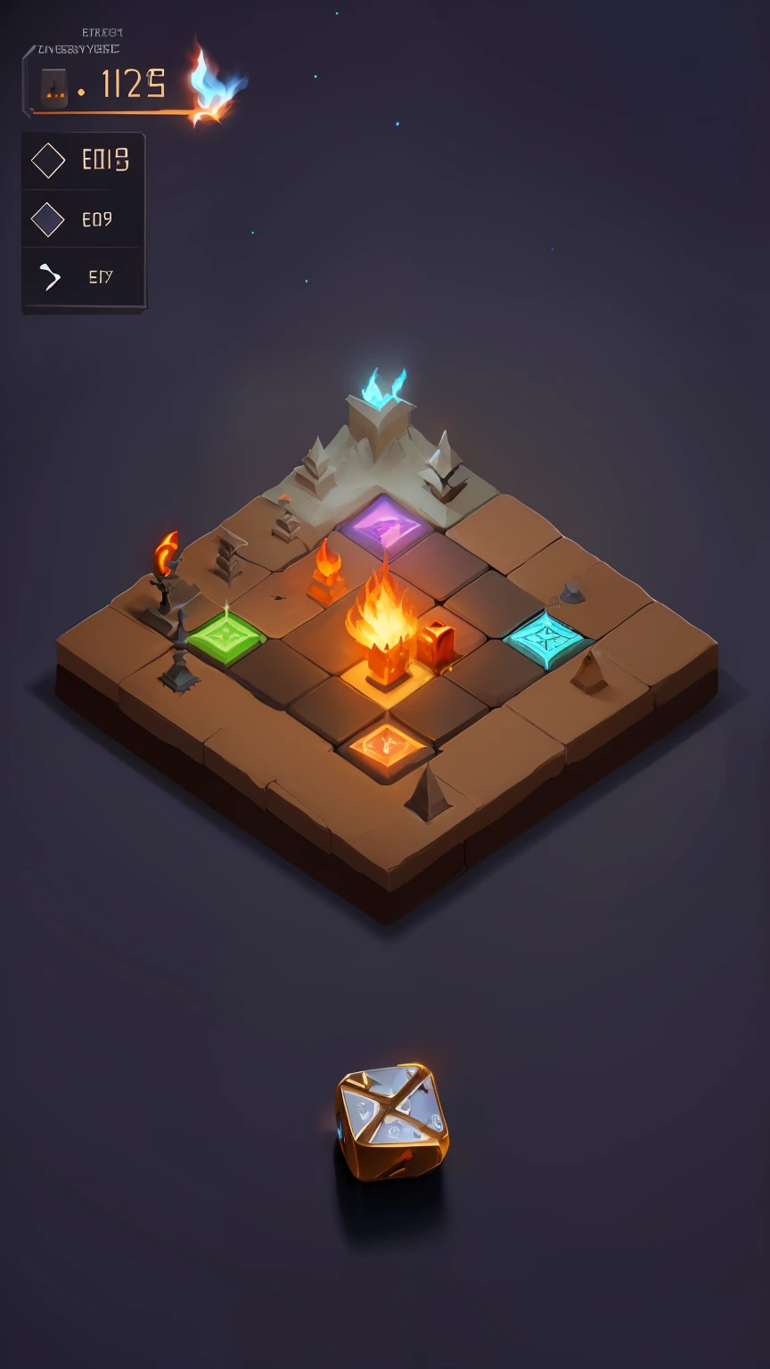 Close-up of game board with dice and clock, isometric game, Monument Valley style, flame stones are scattered, lost runes, luminous scene, game concept, Desert Temple, fire spell, magic rune, isometric game art, flame spell, game asset occult, incredible isometric screenshot, Power runes, holy flame spell