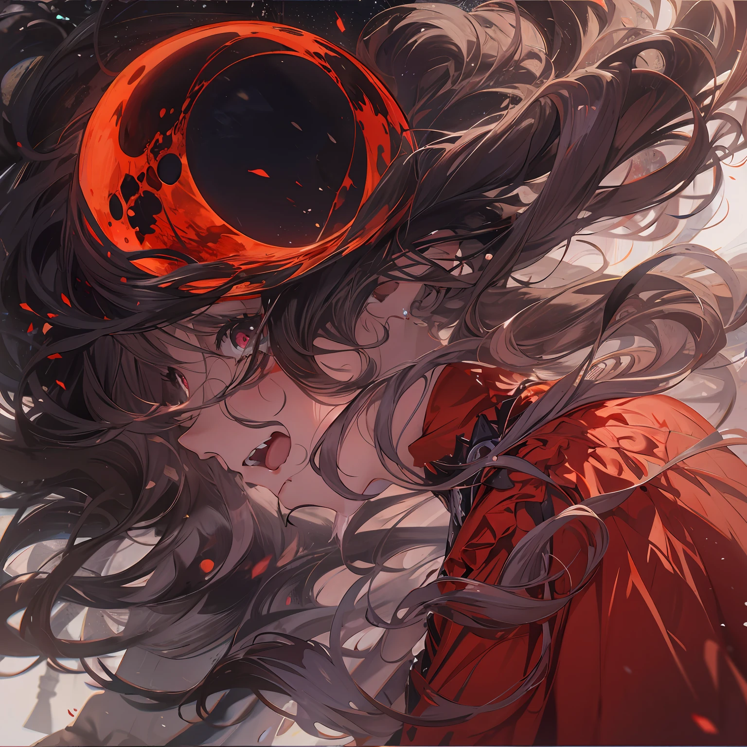 Outrageous resolution、hight resolution、(masterpiece:1.4)、ultra-detailliert、1girl in、Red Moon、A frustrated look on his face、Crying、Tears run down my cheeks、irate、A look of indignation、Face up、Big red moon on background、Floating hair、spaces、Black Dress、floating、 --v 6