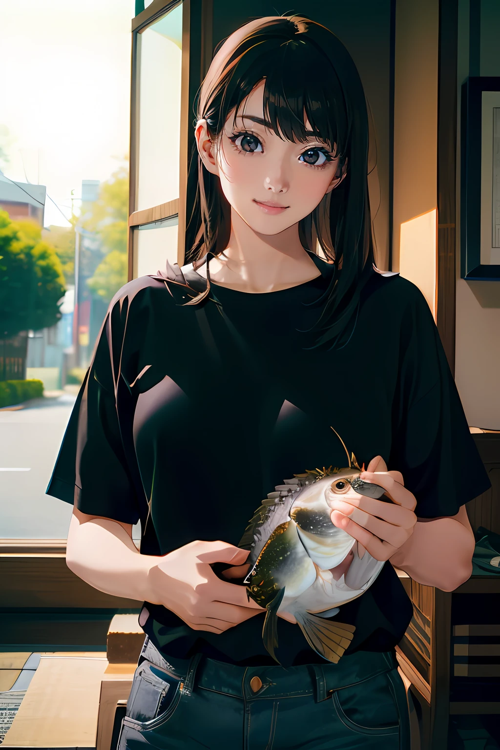 ((((catching big black bass)))),((Best quality, 8k, Masterpiece :1.3)),(25years old japanese girl),wearing a black T-shirt and jeans,black hair, hair bobbles, wince, longeyelashes, solid circle eyes, light smile,Surrealism, drop shadow, anaglyph, stereogram, tachi-e, pov, atmospheric perspective, 8k, super detail, ccurate, best quality,