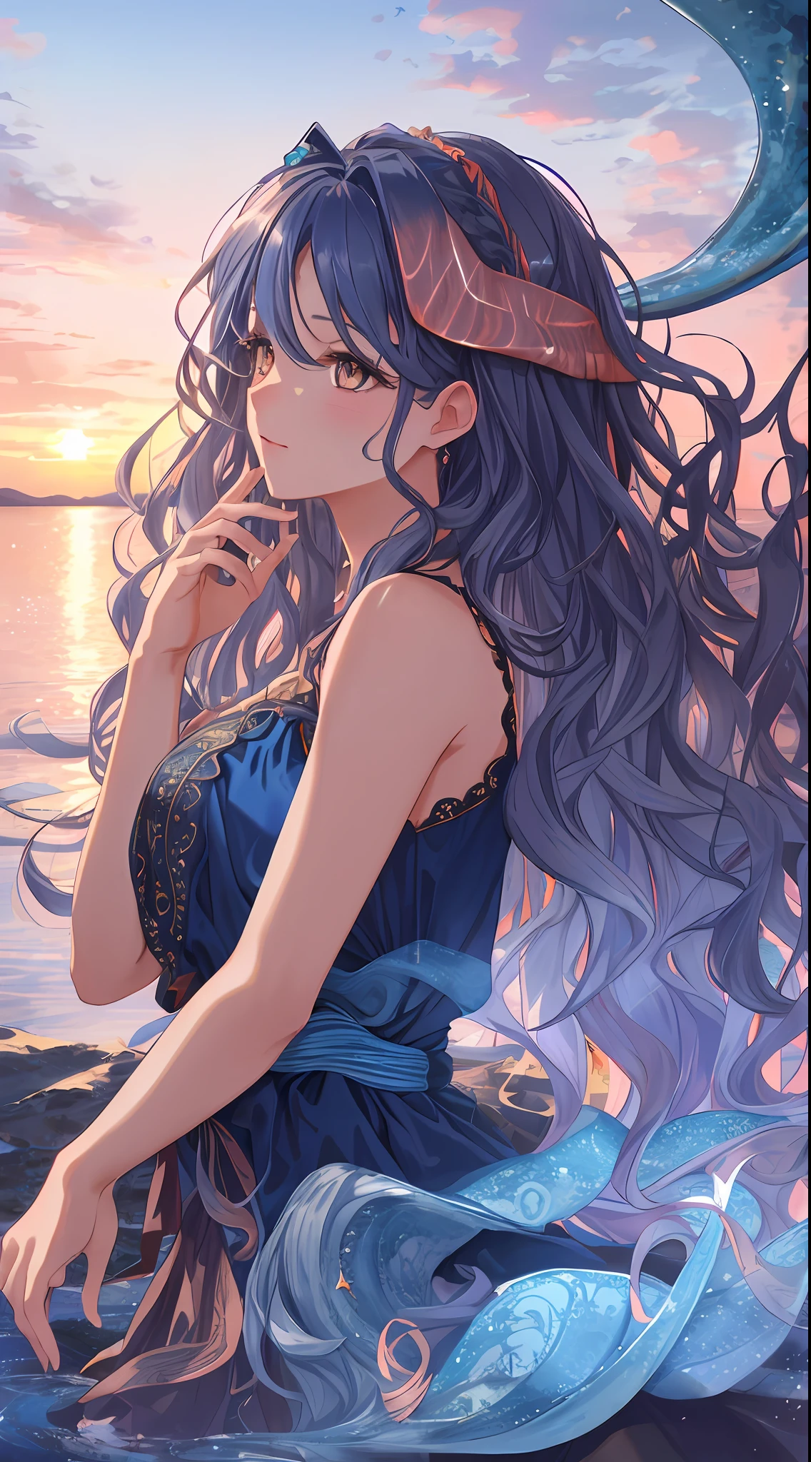 absurdity,In that miraculous realm, the pristine air glows with a blue hue, and a colossal moon reflects upon the transparent surface of a lake, bestowing magical powers, with an enchanting backdrop of delicate fairies dancing,(wide view:1.3), sense of depth,(look away:1.1),(beautiful Background,detailed background:1.5),
(masterpiece, best quality:1.3),beautiful detailed glow,best illuminate,(best quality,textile shading,ultra detailed:1.3),extremely detailed CG unity 8k wallpaper,Highly Detailed beautiful and aesthetic,best light,high resolution,detailed,dynamic lighting,super detailed skin,intricate details, hyper detail, sharp detail,detailed, highres, intricate details,(delicate facial features:1.3), BREAK, detailed picture,a glossy picture,catch light,BREAK, 1girl, (Dark salmon eyes:1.6),
(United Nations blue wavy long hair:1.6),
(parted bangs:1.1),BREAK